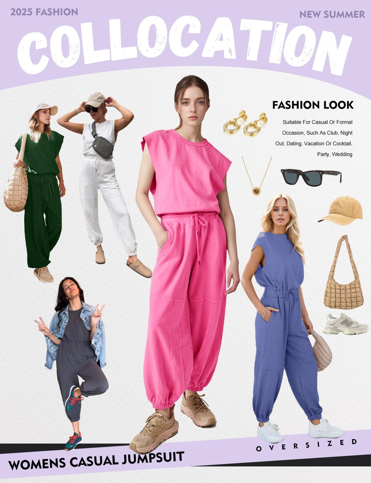 Flygo Womens Casual Jumpsuit Crewneck Cap Sleeve Long Wide Leg Pants One Piece Outfits Drawstring Romper with Pockets(LightGrey-M)