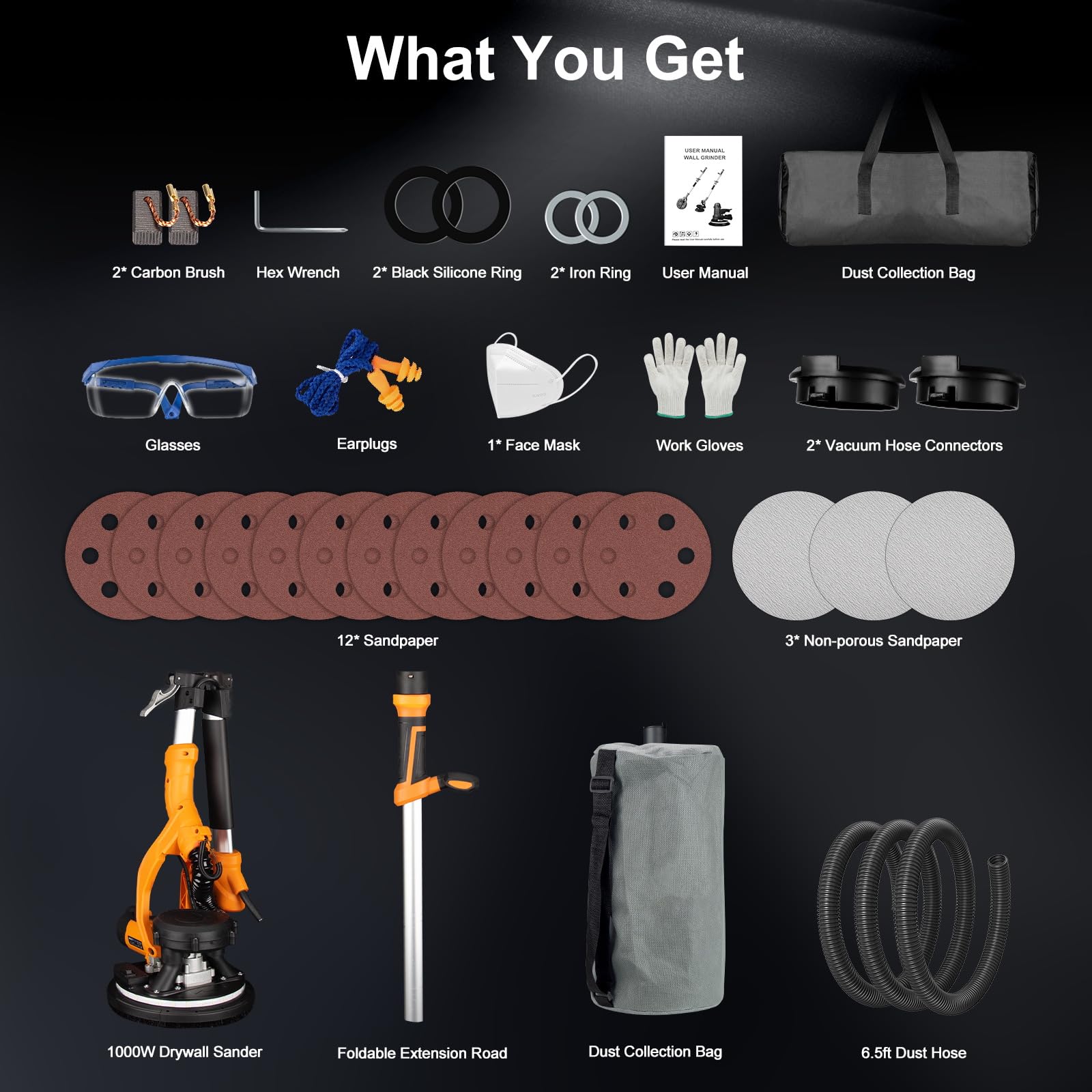 Drywall Sander, 1000W Popcorn Ceiling Removal Tool, Automatic Drywall Sander with Vacuum Dust Collection, LED Light, 6 Variable Speed 800-2200RPM,15Pcs Sanding Discs, Foldable & Extendable Handle