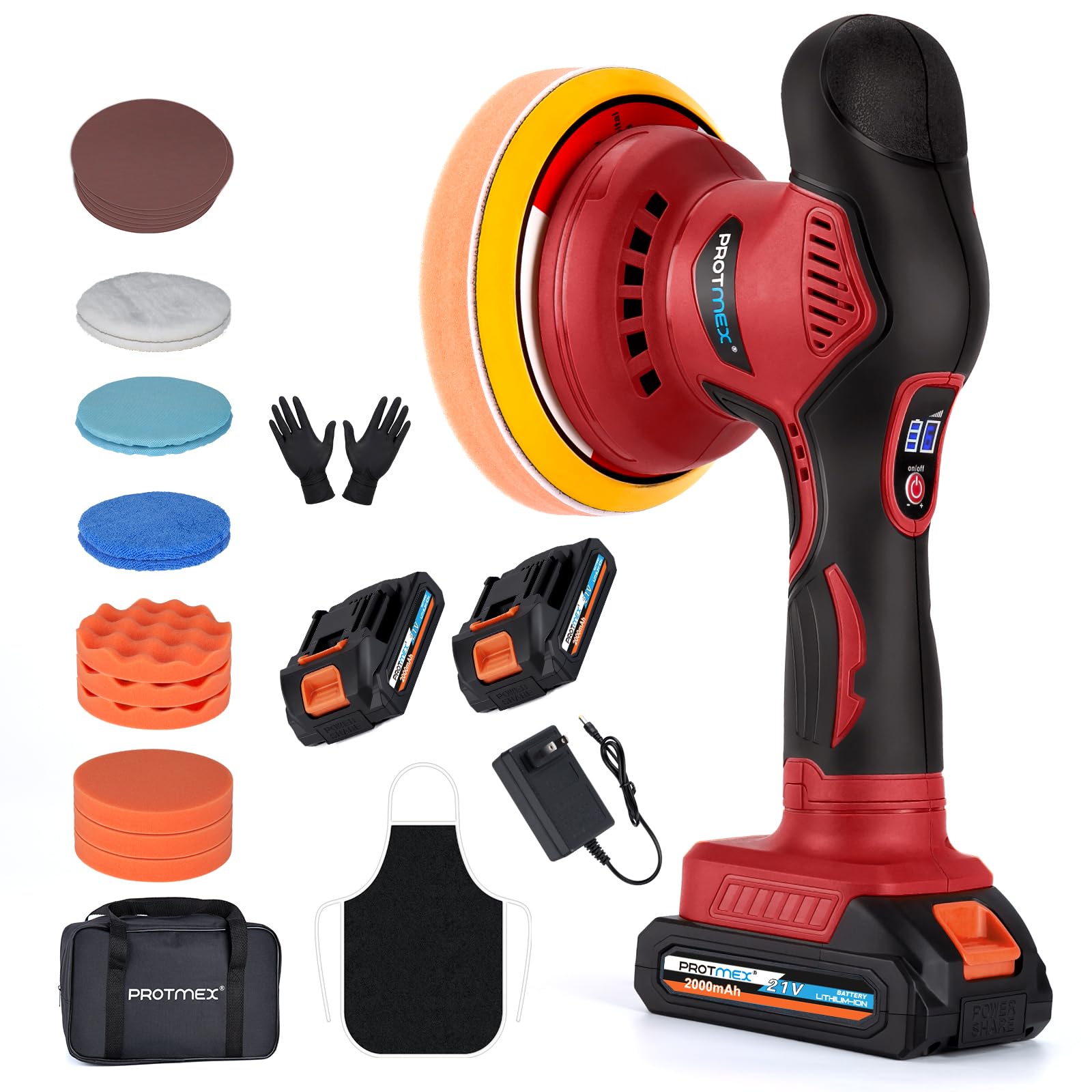 Cordless Car Buffer Polisher w/ 2x2000mAh 21V Batteries, 6 Inch Car buffer Waxer Kit, Car Polishing Machine w/ Extra 18 PCS Attachments & 6 Variable Speed, Car Buffer Polisher for Car Detailing