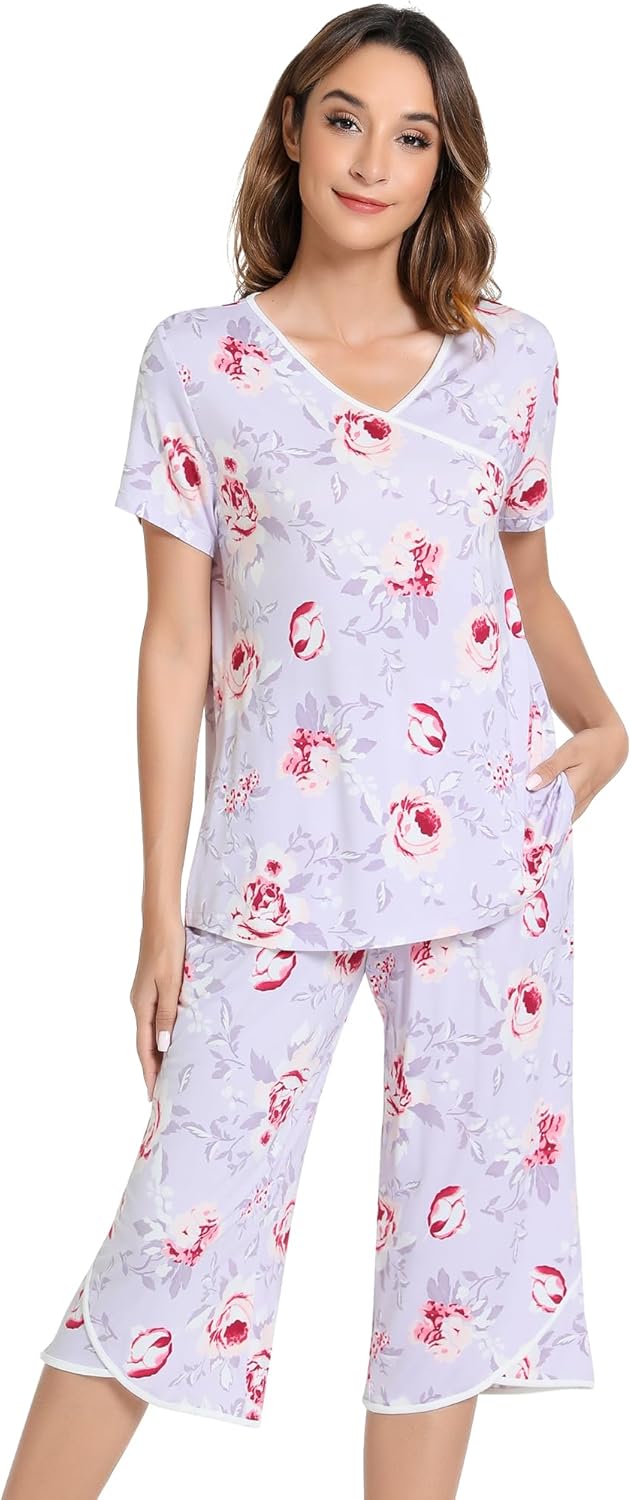NACHILA Women’s Pajamas-Viscose Made from Bamboo, Short Sleeve Pjs Top with Capri Pajama Sets for Women Cool V Neck Sleepwear