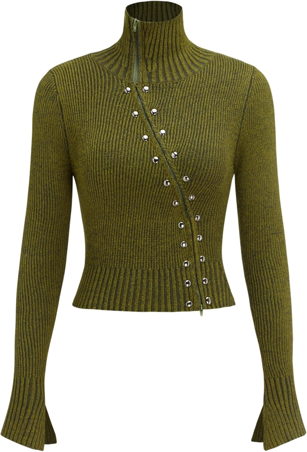 CIDER Zipper Cardigan Sweaters for Women Trendy Stand Collar Rivet Cardigans Split Long Sleeve Fall Winter