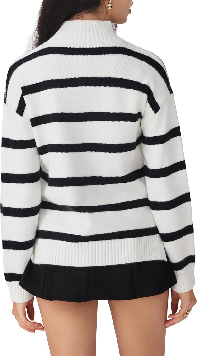 CIDER Striped Mock Neck Sweater Women Long Sleeve Pullover Knit Top