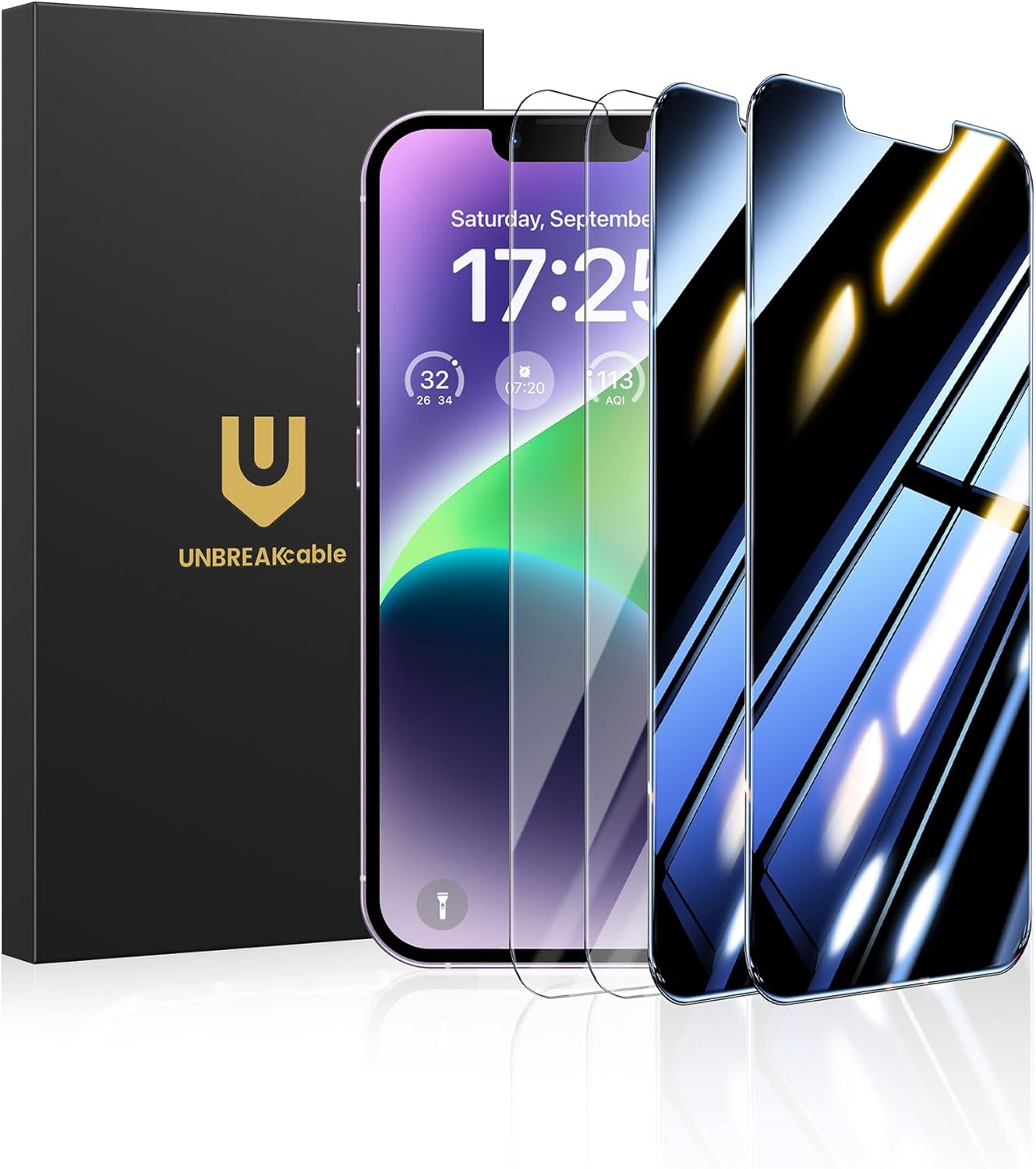 UNBREAKcable 4PCS Screen Protector for iPhone 15-2 Privacy Tempered Glass+2 Clear Glass Double Shatterproof [Easy Installation Frame] [9H Hardness] [Case Friendly] Anti-Scratch for iPhone 6.1 inch