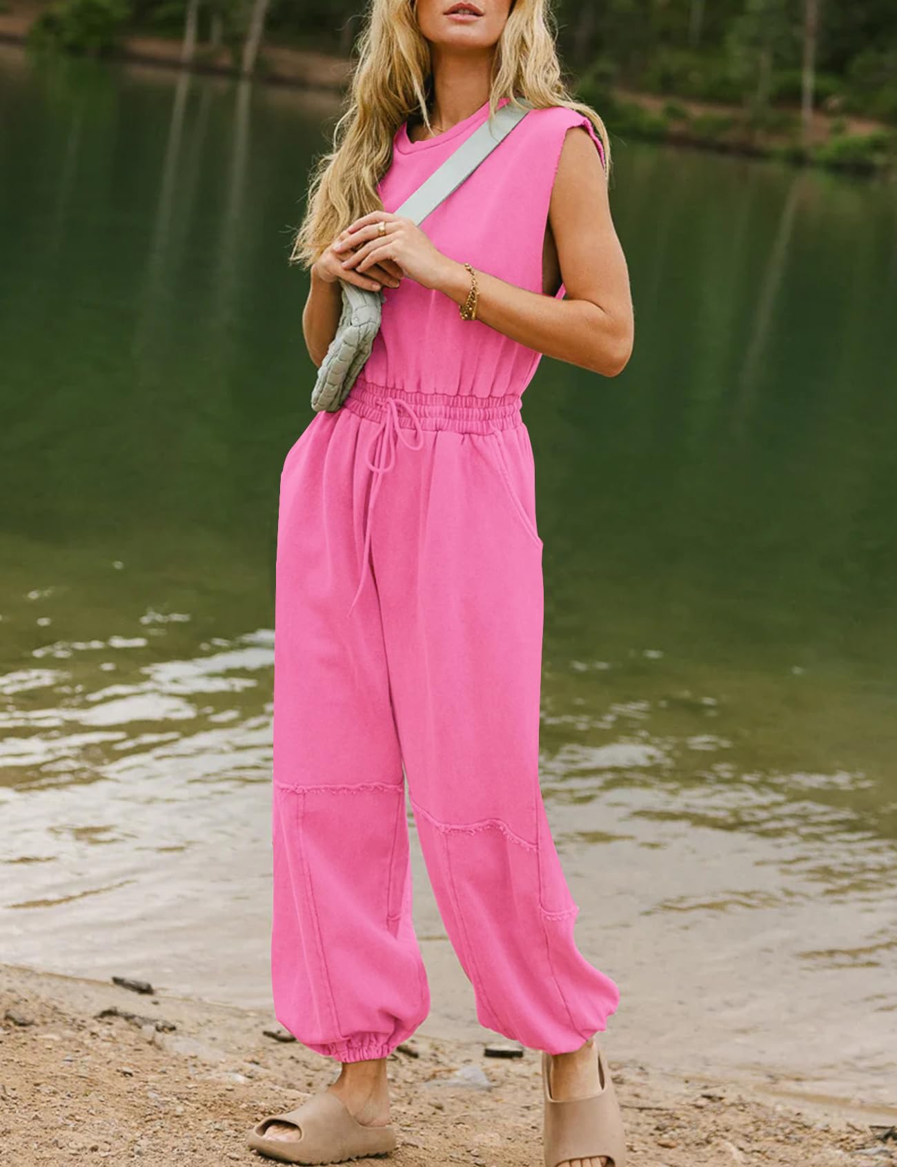 Flygo Womens Casual Jumpsuit Crewneck Cap Sleeve Long Wide Leg Pants One Piece Outfits Drawstring Romper with Pockets(LightGrey-M)