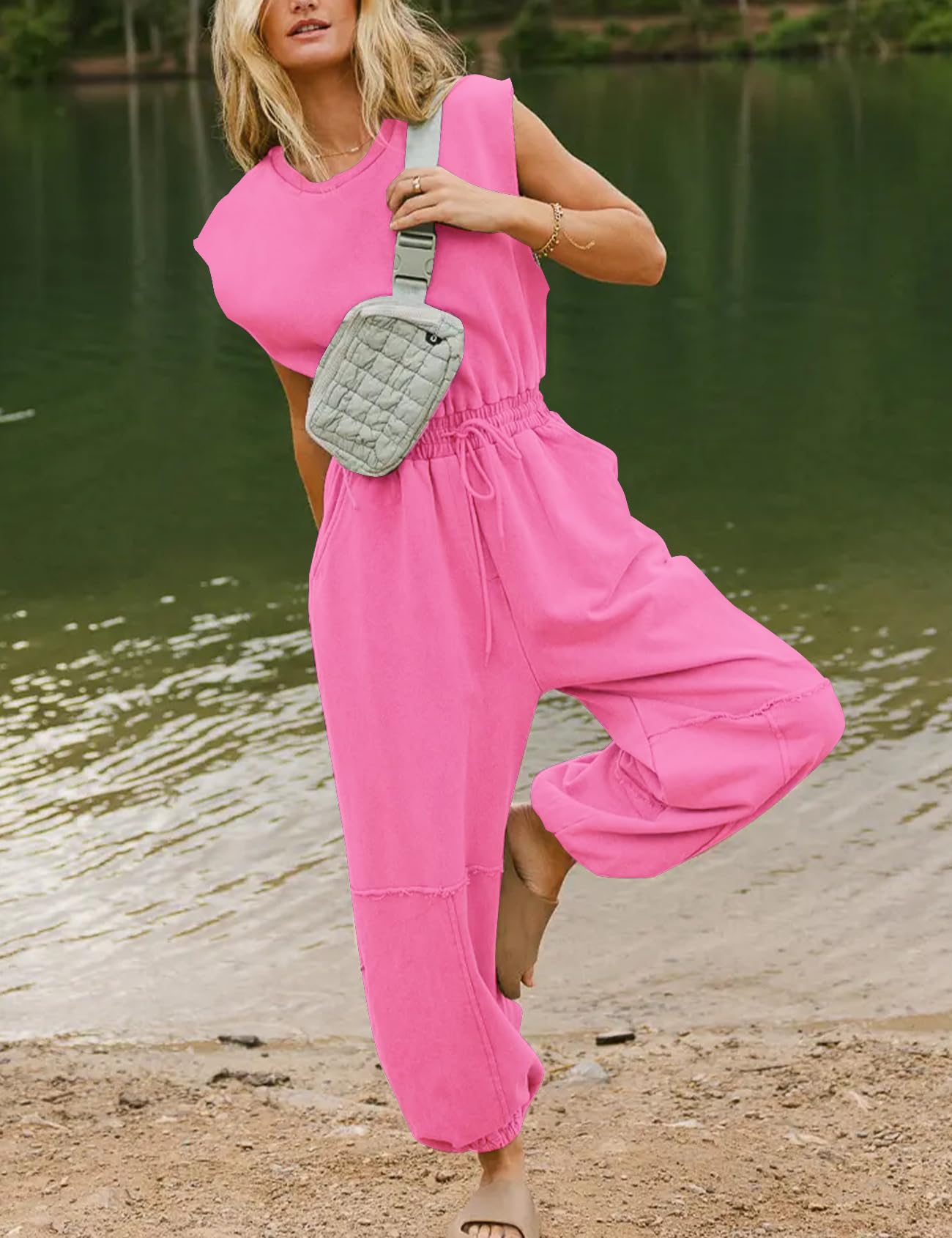 Flygo Womens Casual Jumpsuit Crewneck Cap Sleeve Long Wide Leg Pants One Piece Outfits Drawstring Romper with Pockets(LightGrey-M)