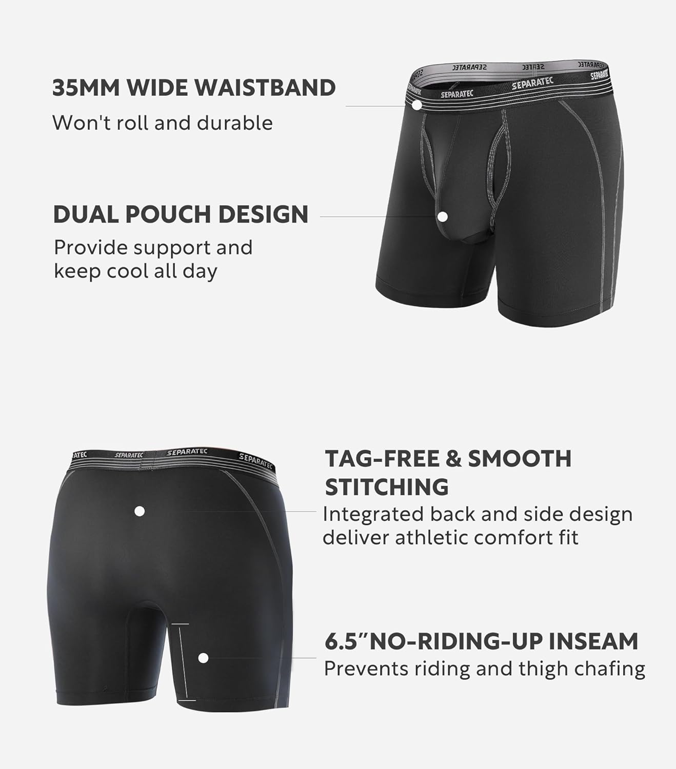Separatec Mens Underwear with Pouch for balls Anti Chafing Underwear Men Athletic Sport Performance Long Boxer Briefs 3 Pack