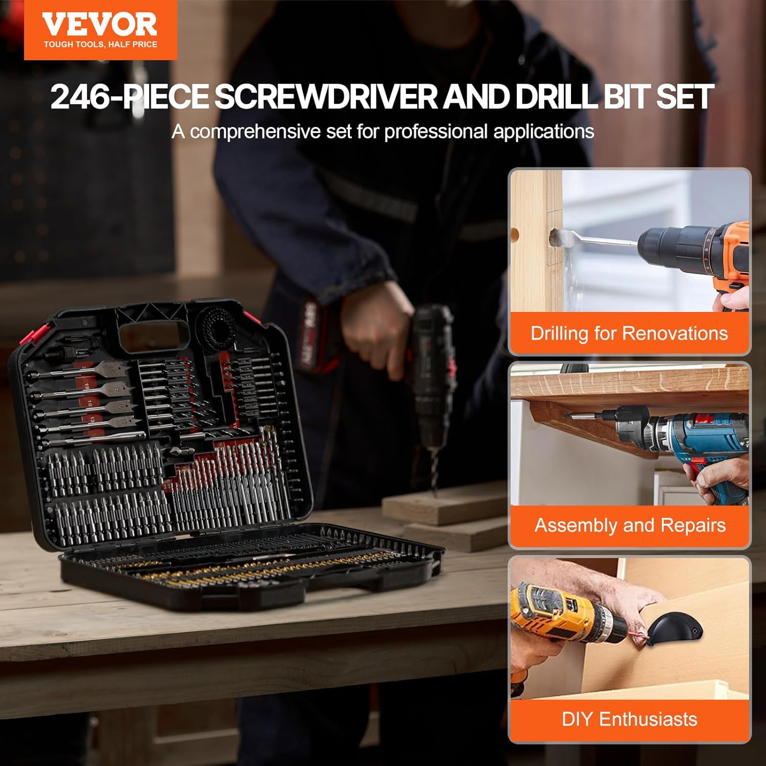 VEVOR Drill Bit Set, 246 Pieces Drill and Driver Bit Set, Screwdriver Bit Set Suitable for Wood Metal Cement Drilling and Screw Driving, Drill Bit Sets Combo Kit Assorted in Organized Carrying Case