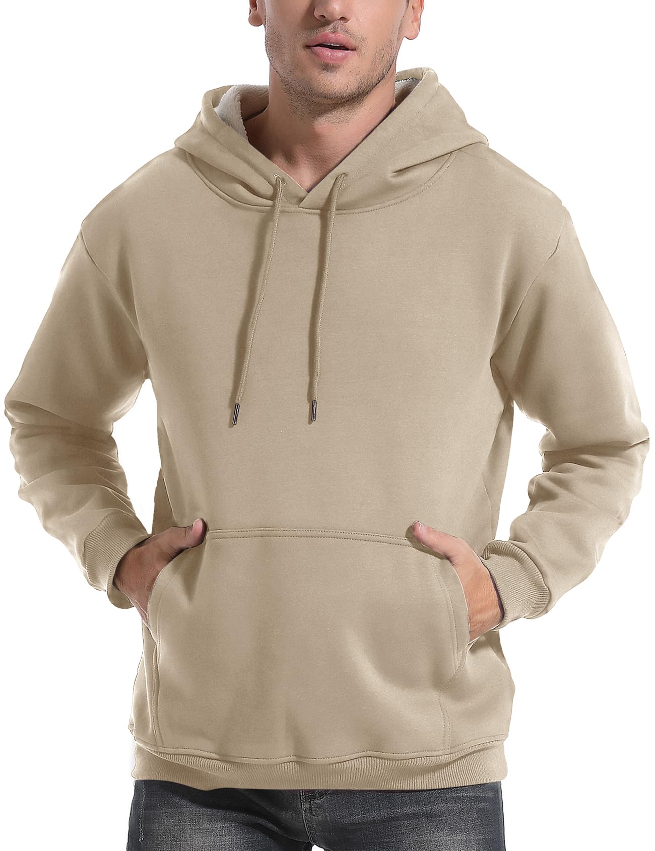 Flygo Men's Casual Fleece Sherpa Lined Hoodie Winter Warm Pullover Hooded Sweatshirt(Black-XL)