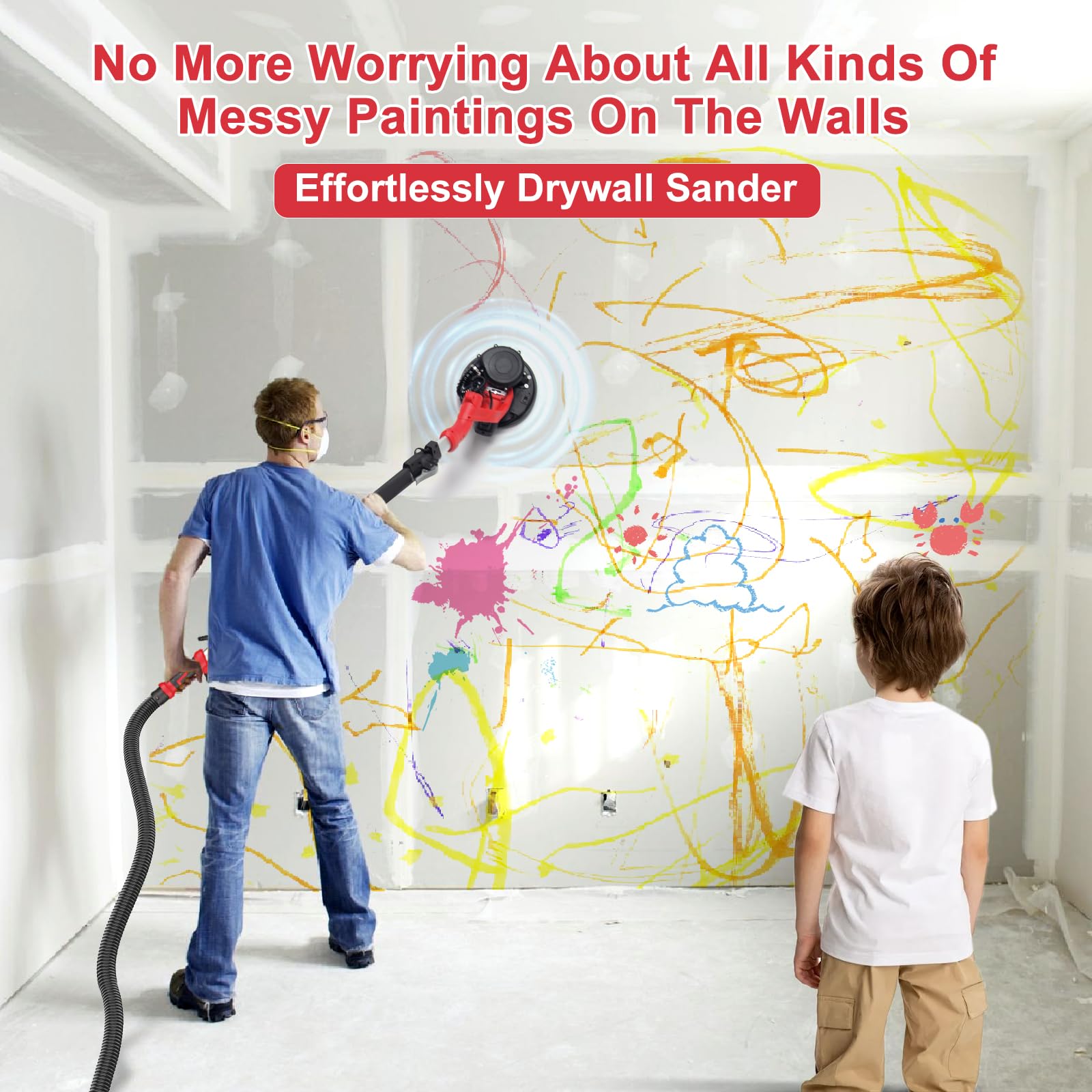 Drywall Sander, 1000W Popcorn Ceiling Removal Tool, Automatic Drywall Sander with Vacuum Dust Collection, LED Light, 6 Variable Speed 800-2200RPM,15Pcs Sanding Discs, Foldable & Extendable Handle