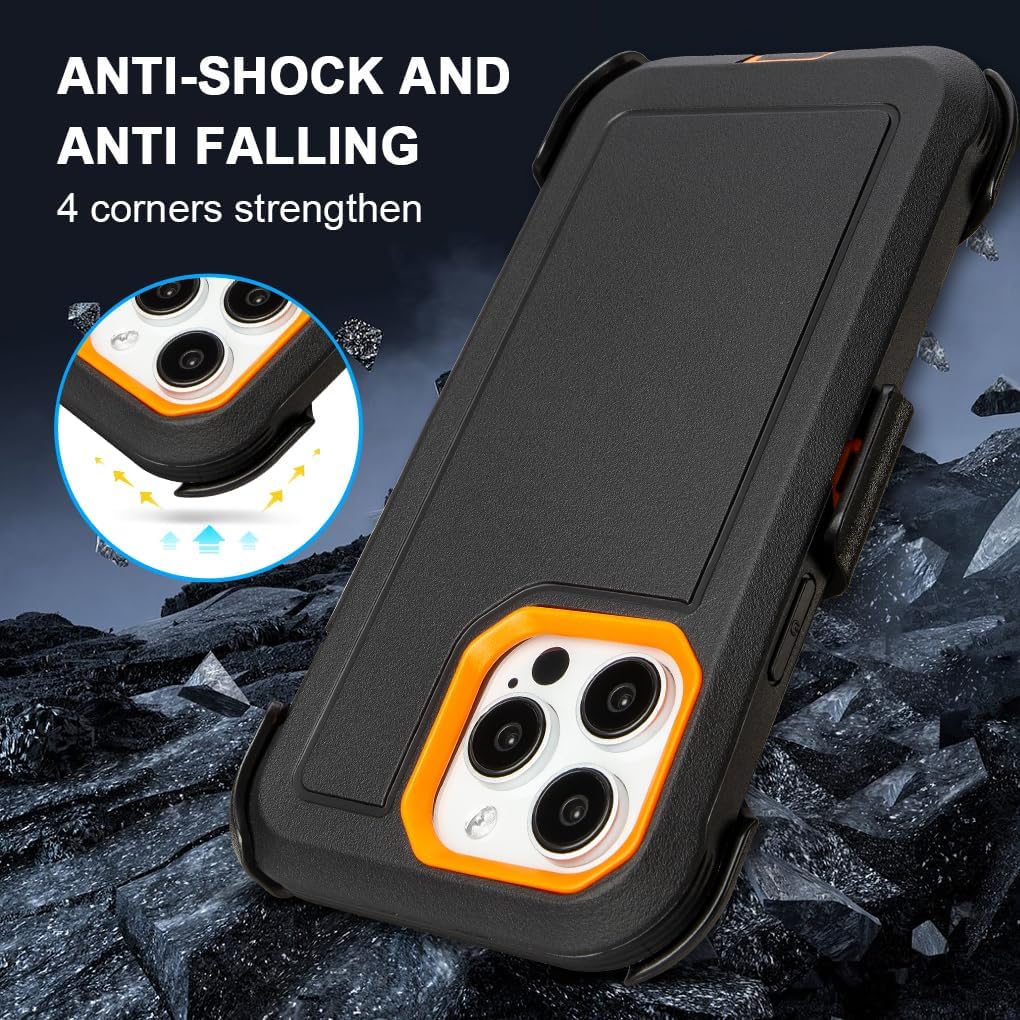 for iPhone 13 Pro Max Case with Clip Belt Holster, Heavy Duty Military Grade Drop Protective Case for iPhone 13 Pro Max 6.7" case (Black+Orange)