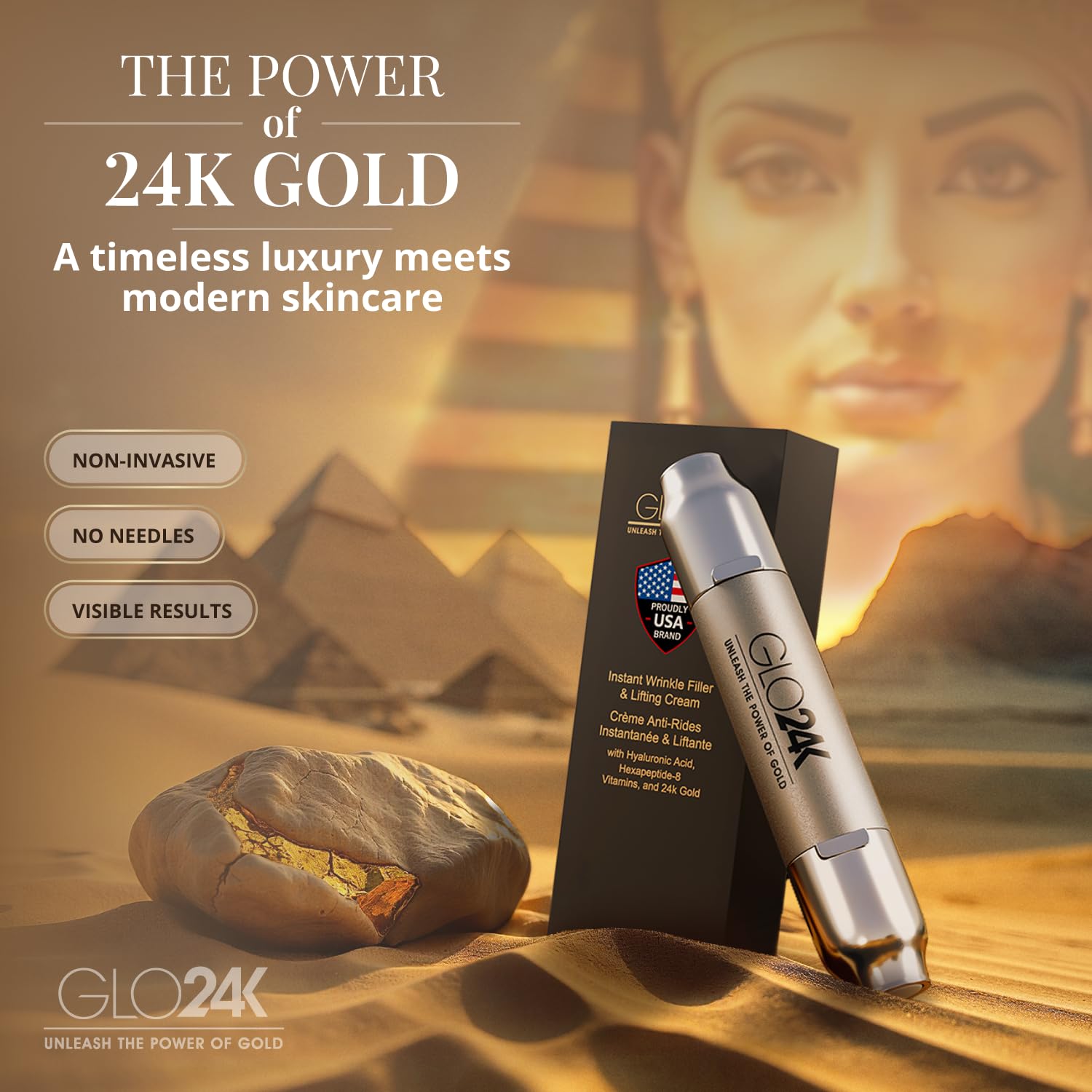 GLO24K Instant Wrinkle Filler for Face, XL Lifting Cream for Eye and Face, Lift and Tightening Non-Invasive with Hyaluronic Acid, 24k Gold, Peptides and Vitamins for Youthful Appearance, 1.2 fl oz
