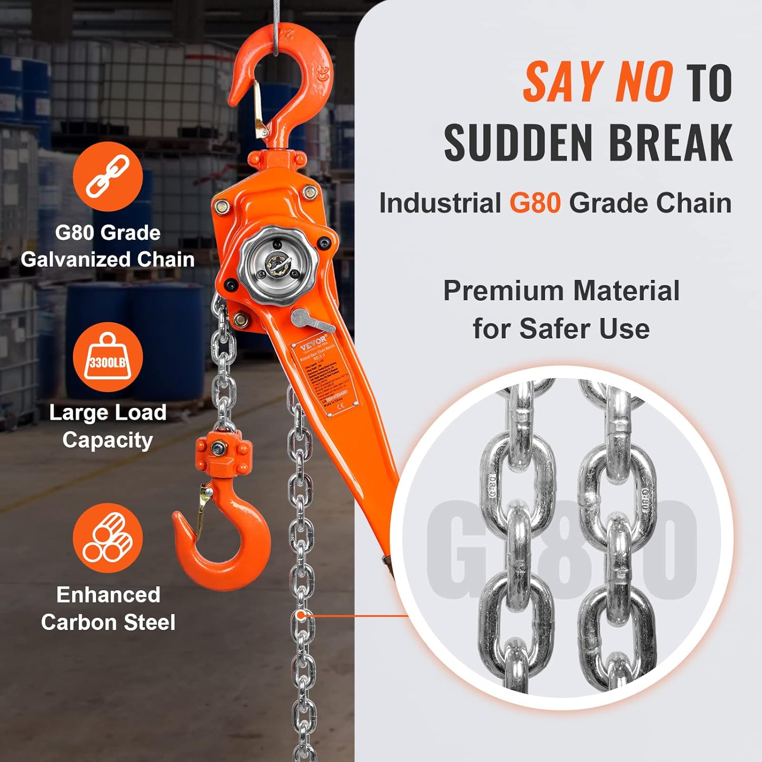 VEVOR Manual Lever Chain Hoist, 1-1/2 Ton 3300 lbs Capacity 10 FT Come Along, G80 Galvanized Carbon Steel with Weston Double-Pawl Brake,Auto Chain Leading & 360° Rotation Hook, for Garage Factory Dock