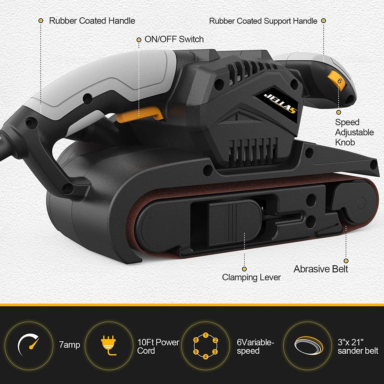 Jellas 7Amp Belt Sander 3 × 21-Inch with Dust Bag, Bench Sander with Variable-speed Control, 2 in 1 Vacuum Adapter, 10 Feet (3 Meters) Length Power Cord, Belt Sanders for Woodworking