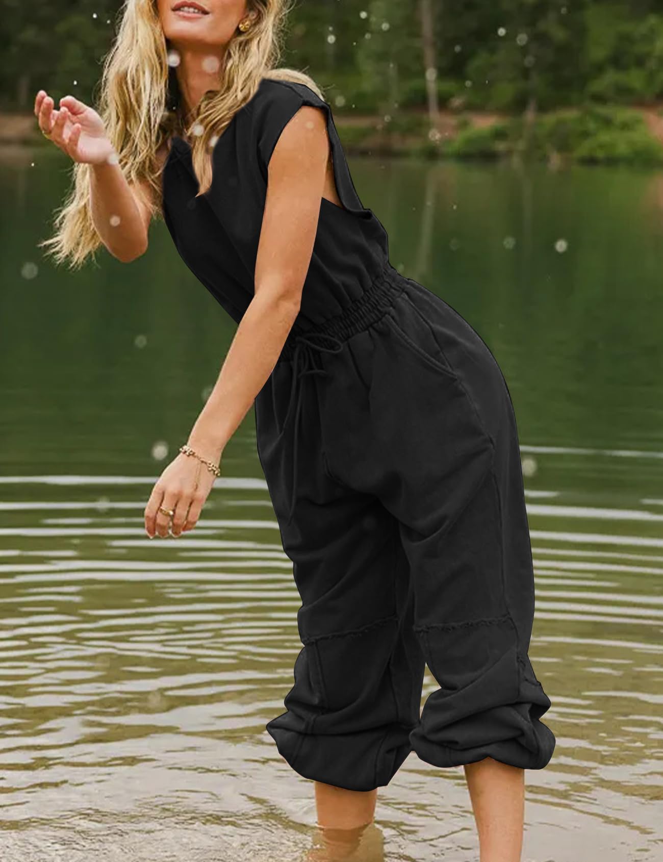 Flygo Womens Casual Jumpsuit Crewneck Cap Sleeve Long Wide Leg Pants One Piece Outfits Drawstring Romper with Pockets(LightGrey-M)