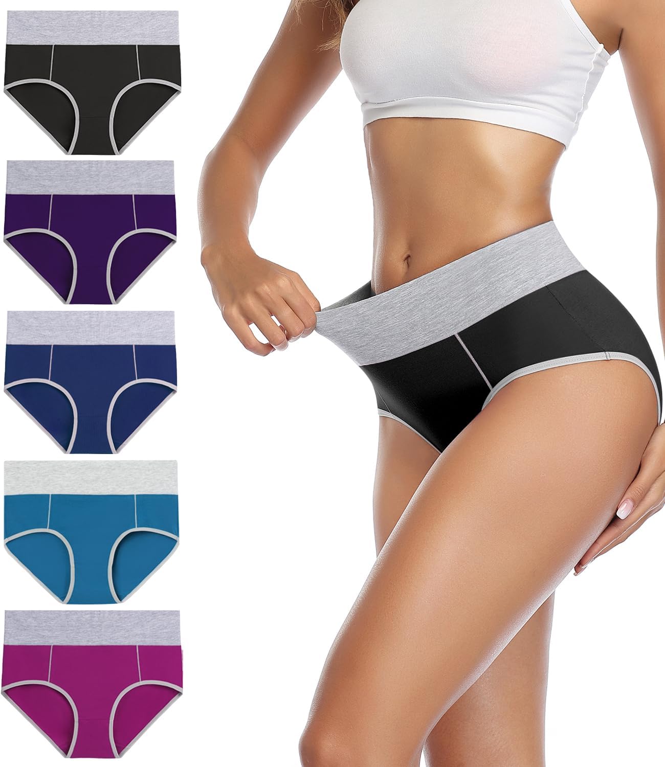 wirarpa Women's Cotton Underwear High Waist Stretch Briefs Soft Underpants Ladies Full Coverage Panties 5 Pack