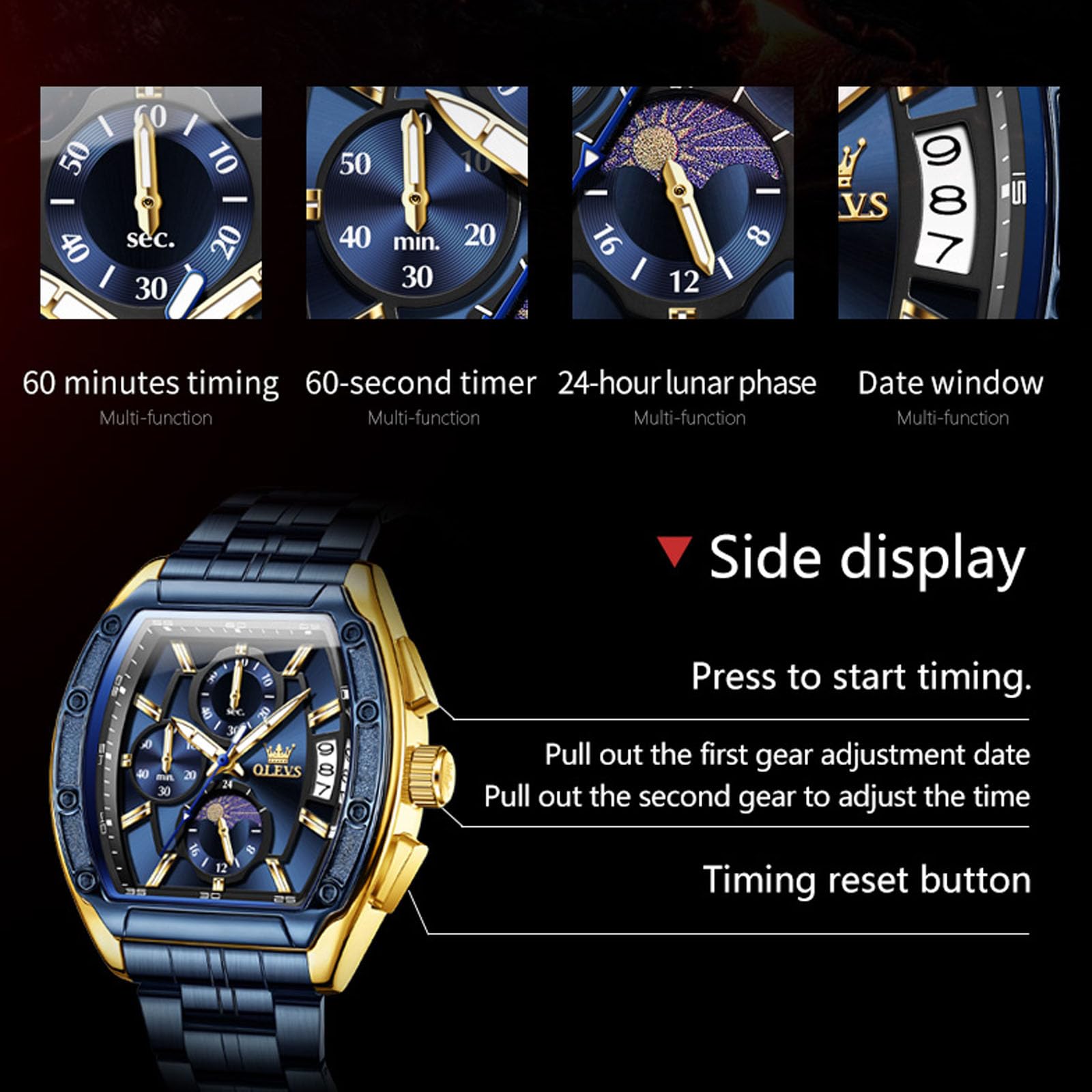 OLEVS Watches Men Chronograph Waterproof Rectangle Face Moon Phase Stainless Steel Strap Dress Watches for Men Luminous Quartz Calendar Mens Wrist Watch