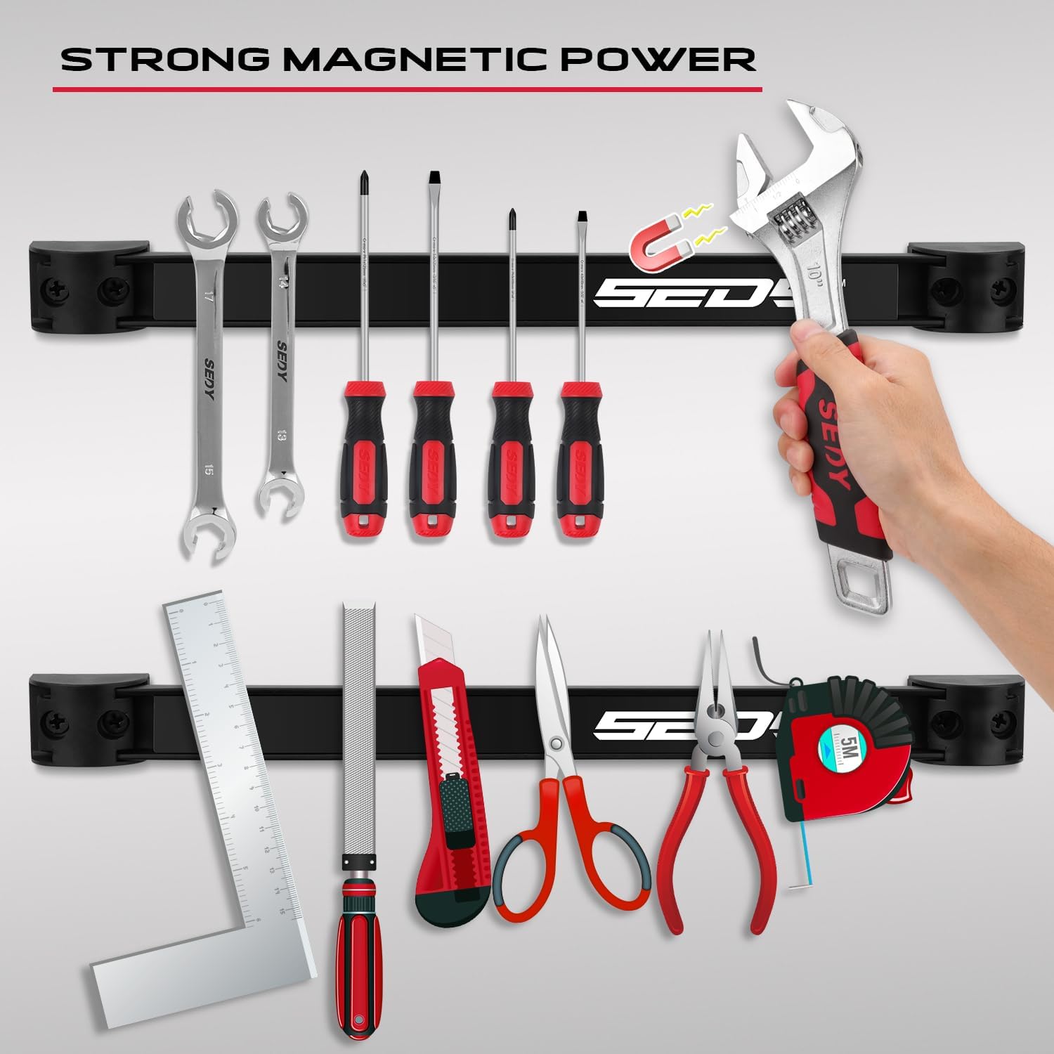 48" Heavy Duty Garage Wall Organizer, Wall Mount Tool Storage Rack with Adjustable Hooks, Garden Tool Organizer Hold Up to 300lbs, Easy Installation (3 Panels, 8 Hooks, 3 Straps)