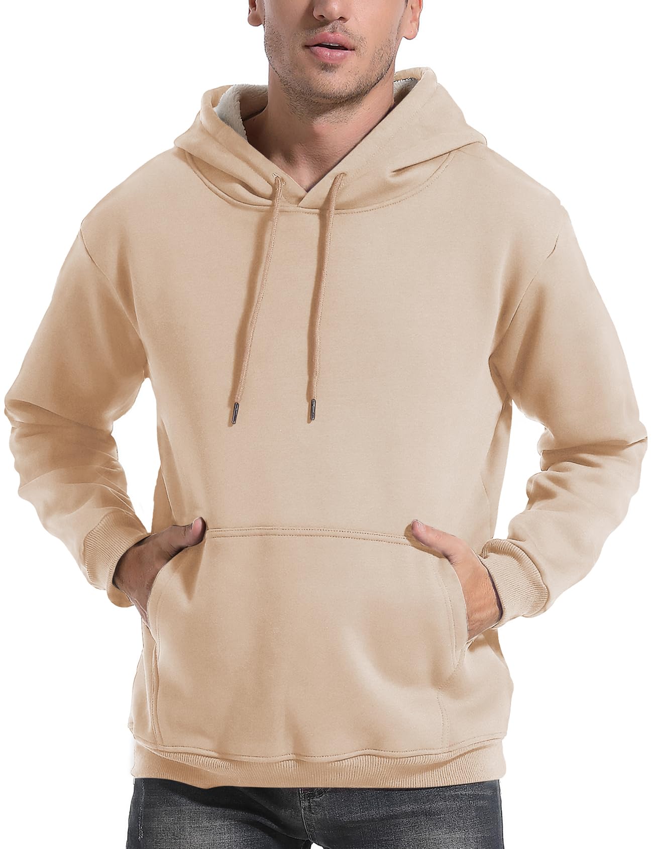 Flygo Men's Casual Fleece Sherpa Lined Hoodie Winter Warm Pullover Hooded Sweatshirt(Black-XL)