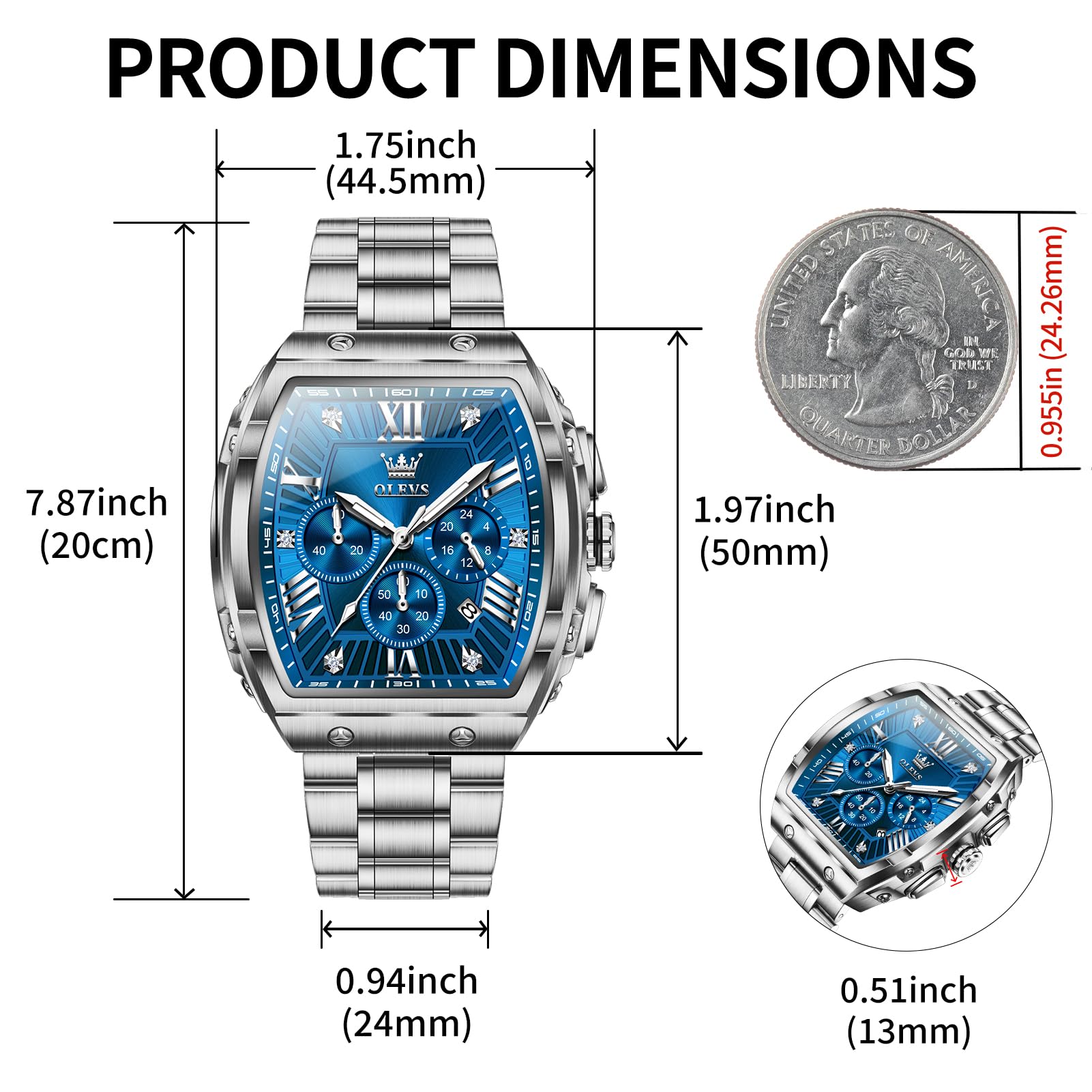OLEVS Watches Men Chronograph Waterproof Rectangle Face Moon Phase Stainless Steel Strap Dress Watches for Men Luminous Quartz Calendar Mens Wrist Watch