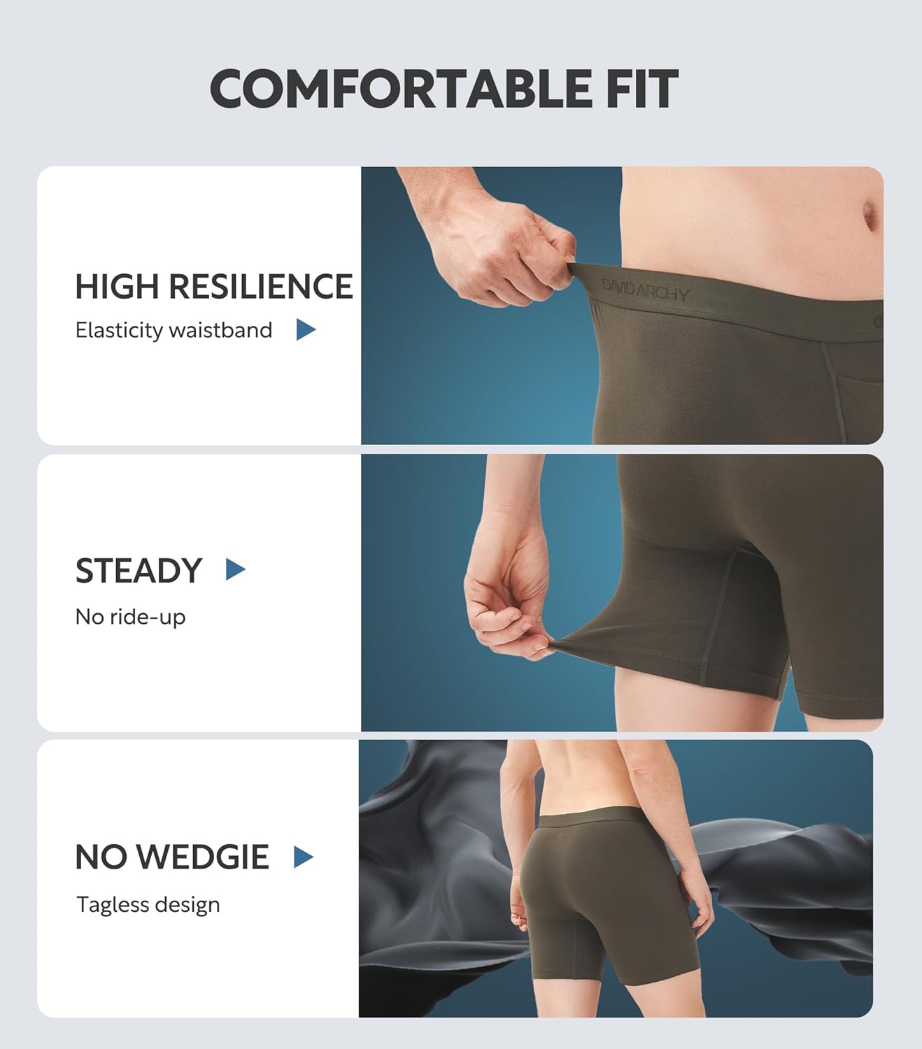 DAVID ARCHY Mens Underwear Cotton Boxer Briefs with Pouch Ultra Moisture Wicking Breathable Soft with Horizontal Fly 3 Pack