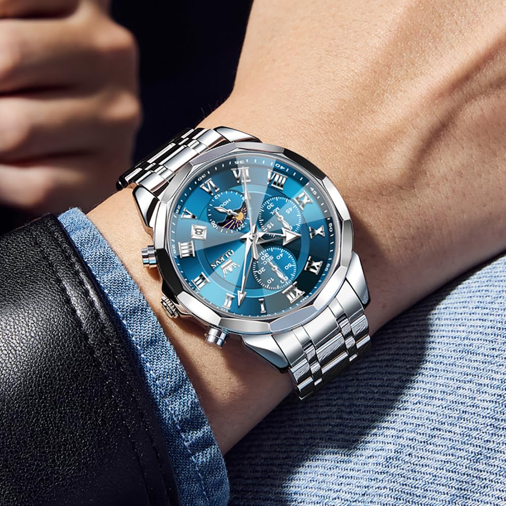 OLEVS Watches Men Luxury Chronograph Moon Phase Waterproof Luminous Watches for Men Analog Quartz Calendar Stainless Steel Strap Wrist Watches-(Black/Blue/Gold/Grey/Silver Face)