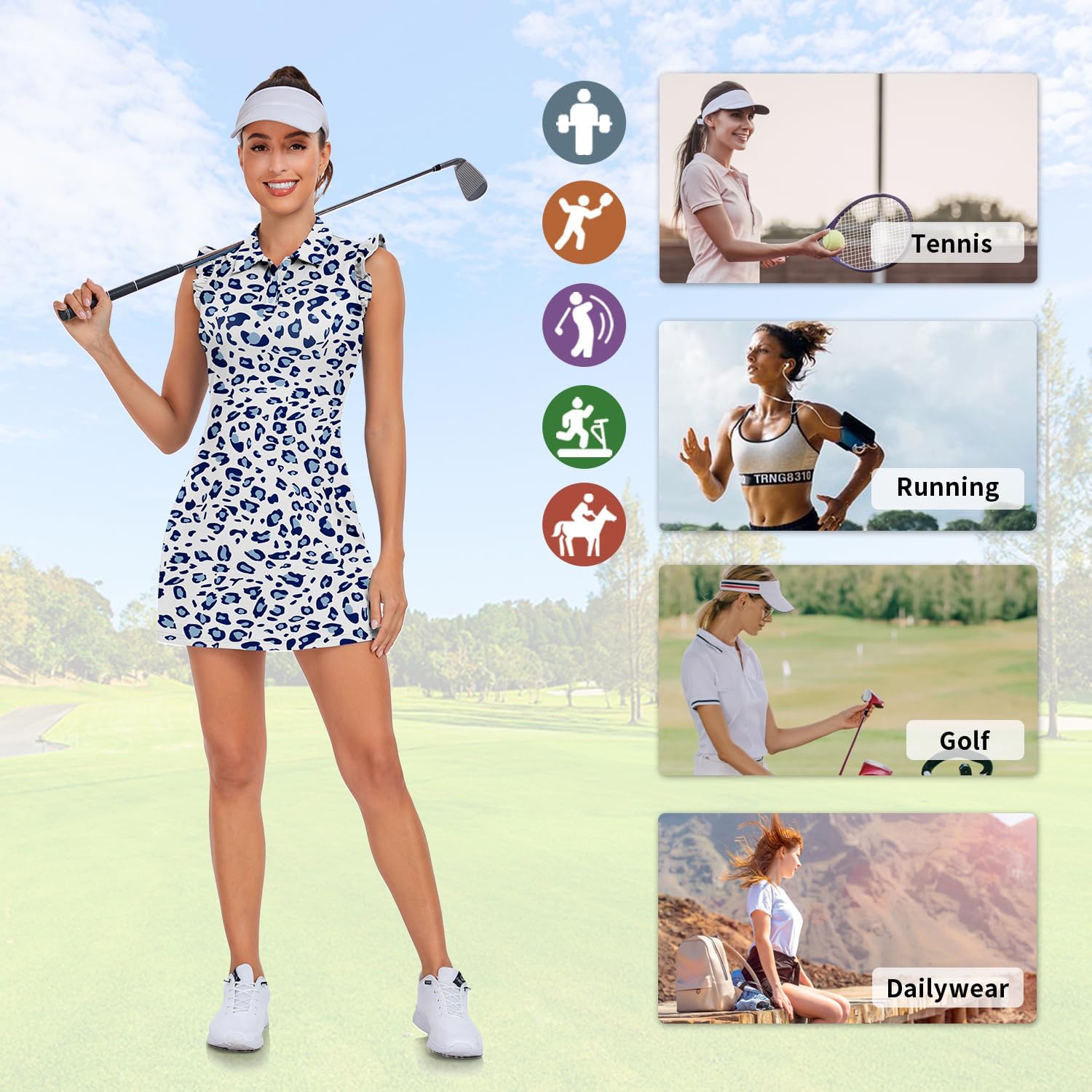 WOWENY Tennis Dress Polo Buttons Golf Dresses with Built in Shorts and Pockets Ruffle Sleeveless Athletic Workout Dress