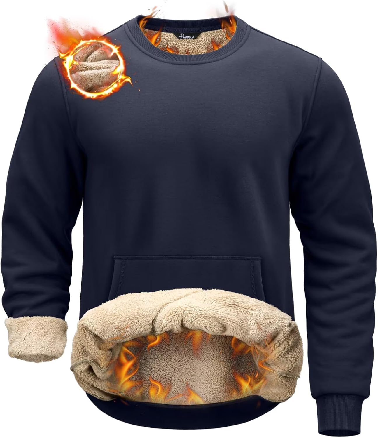 Pudolla Men's Sherpa Lined Sweatshirts Warm Soft Crewneck Sweatshirts Heavyweight Winter Pullover Kangaroo with Pouch Pocket