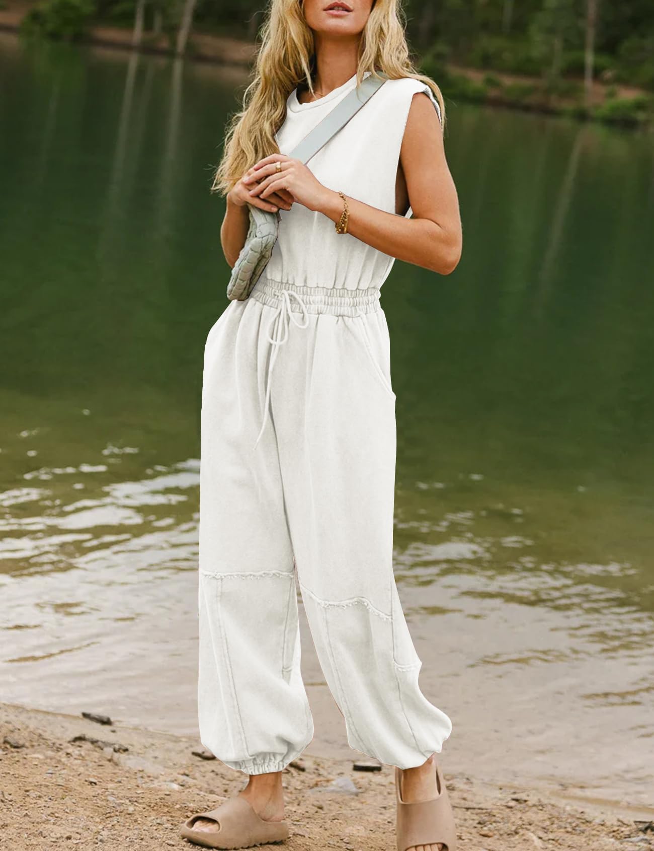 Flygo Womens Casual Jumpsuit Crewneck Cap Sleeve Long Wide Leg Pants One Piece Outfits Drawstring Romper with Pockets(LightGrey-M)