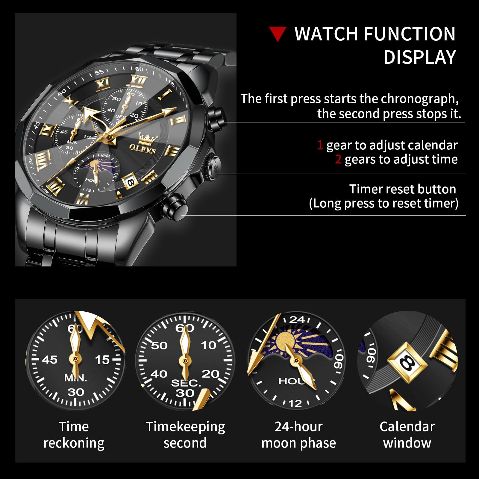 OLEVS Watches Men Luxury Chronograph Moon Phase Waterproof Luminous Watches for Men Analog Quartz Calendar Stainless Steel Strap Wrist Watches-(Black/Blue/Gold/Grey/Silver Face)