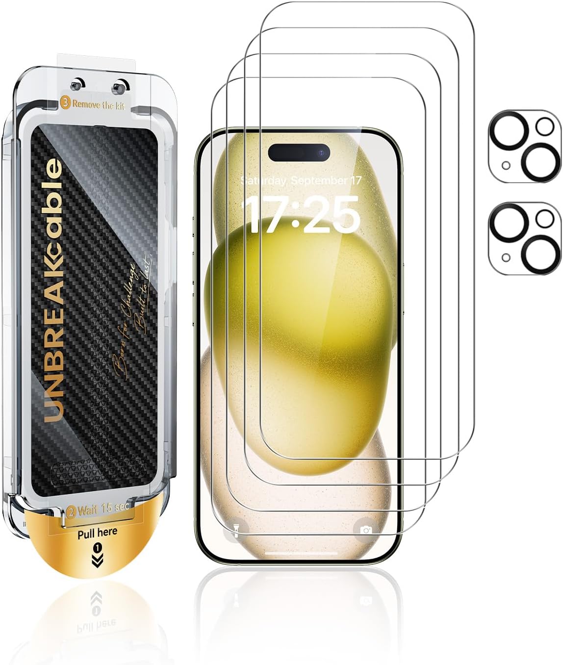 UNBREAKcable for iPhone 16 Pro Screen Protector 4+2 Pack [9H+ Military-Grade Shatterproof] [Effortless Bubble-Free Installation] Ultra HD Clarity Tempered Glass with Lens Protector, Case friendly