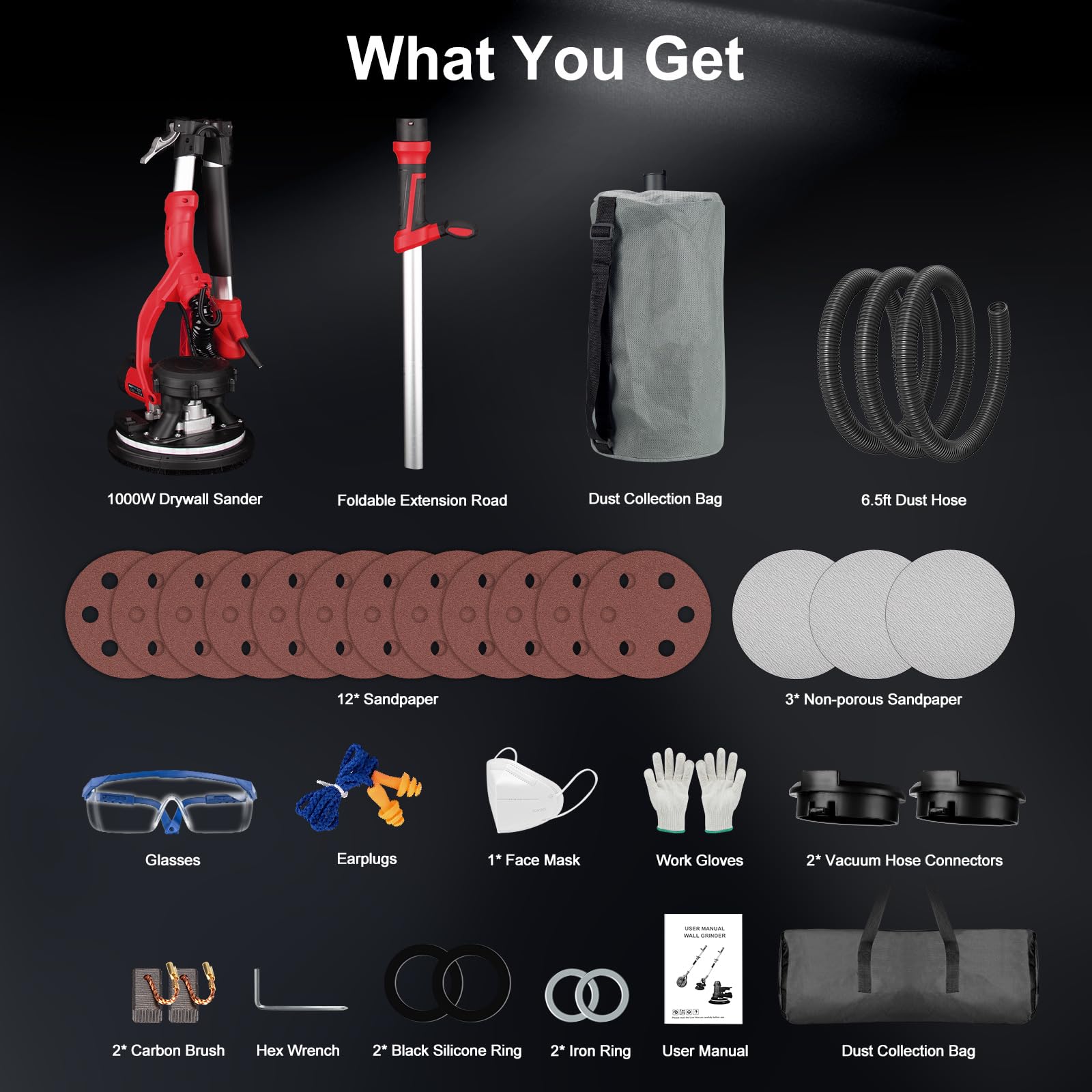 Drywall Sander, 1000W Popcorn Ceiling Removal Tool, Automatic Drywall Sander with Vacuum Dust Collection, LED Light, 6 Variable Speed 800-2200RPM,15Pcs Sanding Discs, Foldable & Extendable Handle