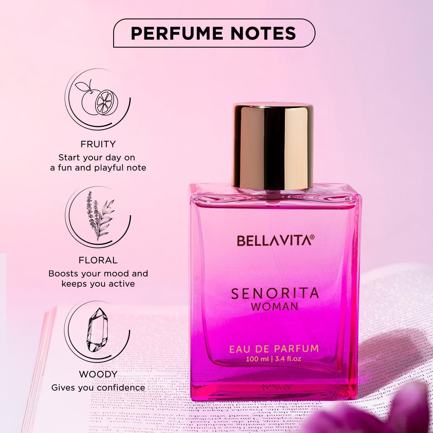 BellaVita Luxury SENORITA Perfume for Women (3.4 fl.oz) | Floral & Fruity Fragrance with Pomegranate, Mint & Musk | Notes of Yuzu and Lotus | Vegan & Cruelty-Free Womens Perfume