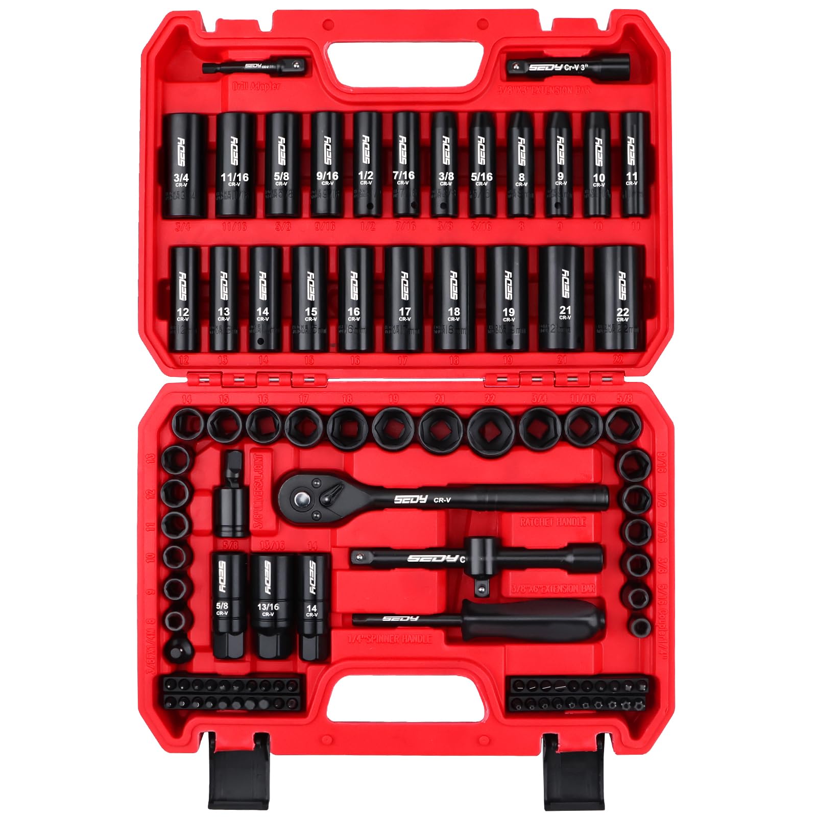 29-Piece 1/2" Drive Impact Socket Set, SAE (3/8 to 1 inch) and Metric (10-24mm) Sizes with Extension Bars Standard Deep Socket Set CR-V Material High Durability Impact Wrench