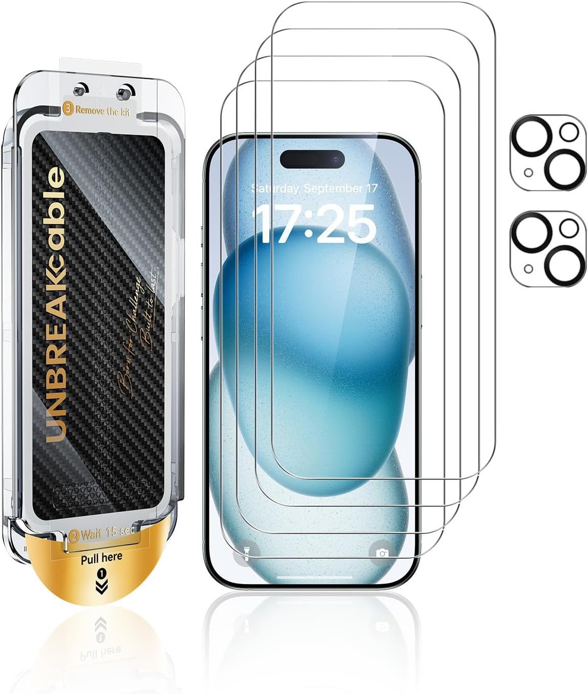 UNBREAKcable for iPhone 16 Pro Screen Protector 4+2 Pack [9H+ Military-Grade Shatterproof] [Effortless Bubble-Free Installation] Ultra HD Clarity Tempered Glass with Lens Protector, Case friendly