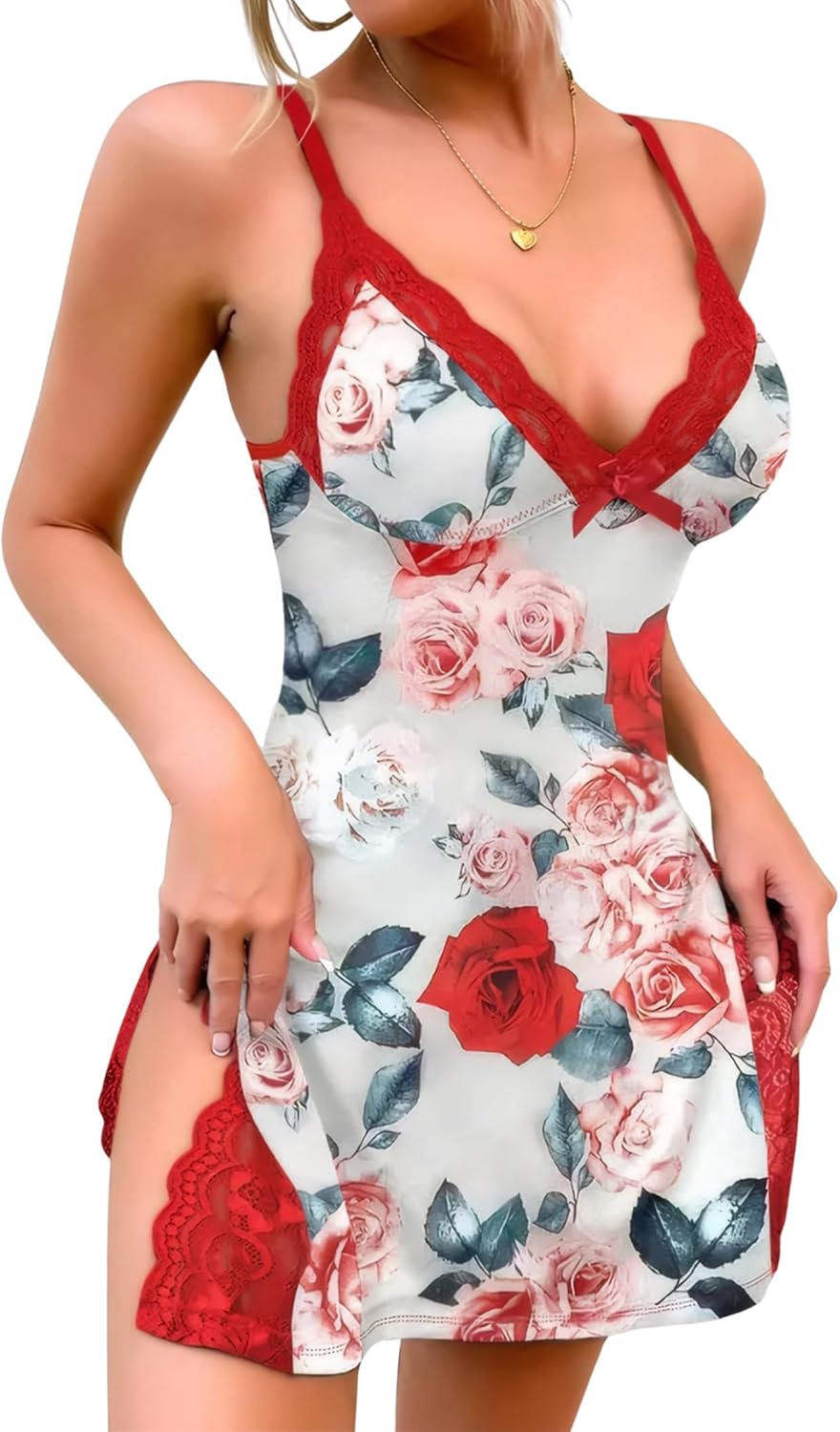 Sexy Night Gowns for Women Babydoll Lingerie Dress Lace Trim Sleep Dress Chemise Nightgowns Side Split Nighty