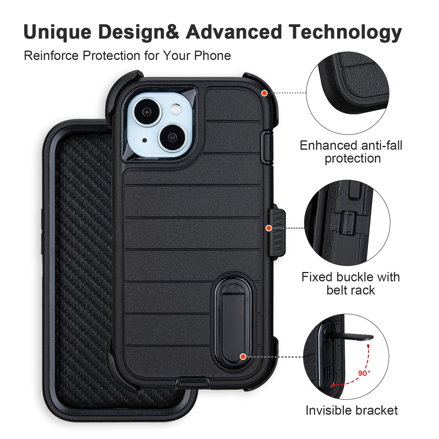 for Rugged iPhone 15 Case with Belt Clip Holster, Military Grade Heavy Duty Shockproof Cover for iPhone15 Case Protective with Stand 6.1 Inch (Black+Blue)