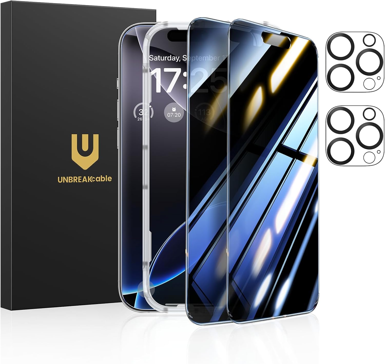 UNBREAKcable Privacy Screen Protector for iPhone 16 Pro Max (6.9-Inch), 2-Pack + 2 Lens Protectors｜25° Anti-Spy｜9H Hardness｜Anti-Fingerprint｜HD Clarity Tempered Glass