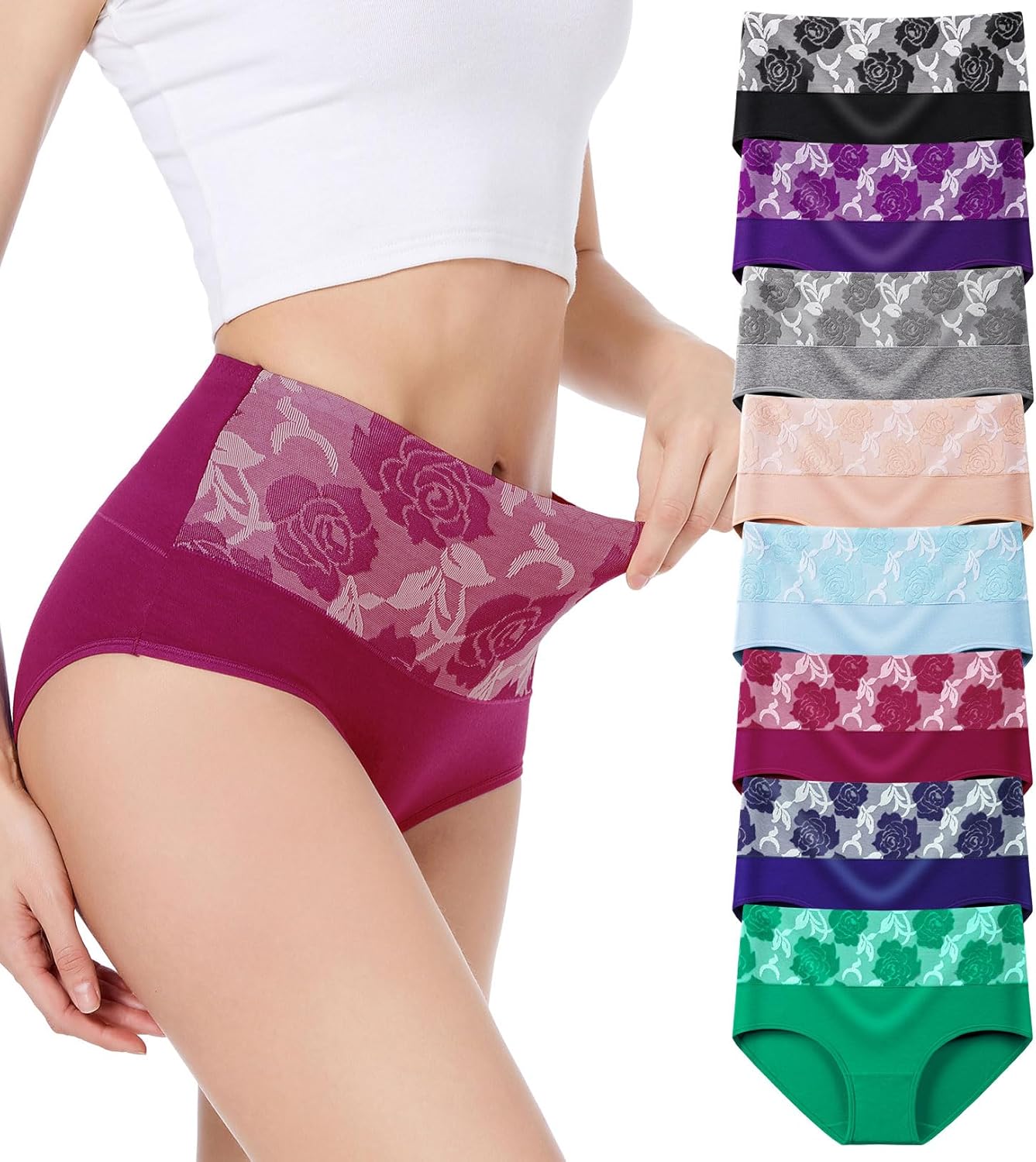 HAVVIS Women's Briefs Underwear Cotton High Waist Tummy Control Panties Rose Jacquard Ladies Panty Multipack