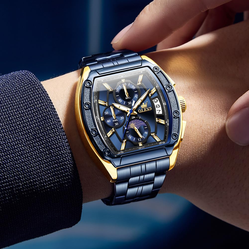 OLEVS Watches Men Chronograph Waterproof Rectangle Face Moon Phase Stainless Steel Strap Dress Watches for Men Luminous Quartz Calendar Mens Wrist Watch