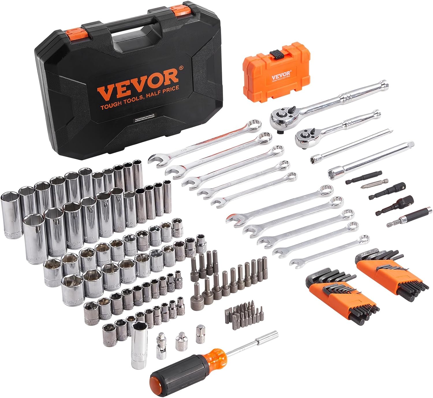 VEVOR Mechanics Tool Set and Socket Set, 1/4" 3/8" 1/2" Drive Deep and Standard Sockets, 450 Pcs SAE and Metric Mechanic Tool Kit with Bits, Combination Wrench, Hex Wrenches, Accessories, Storage Case