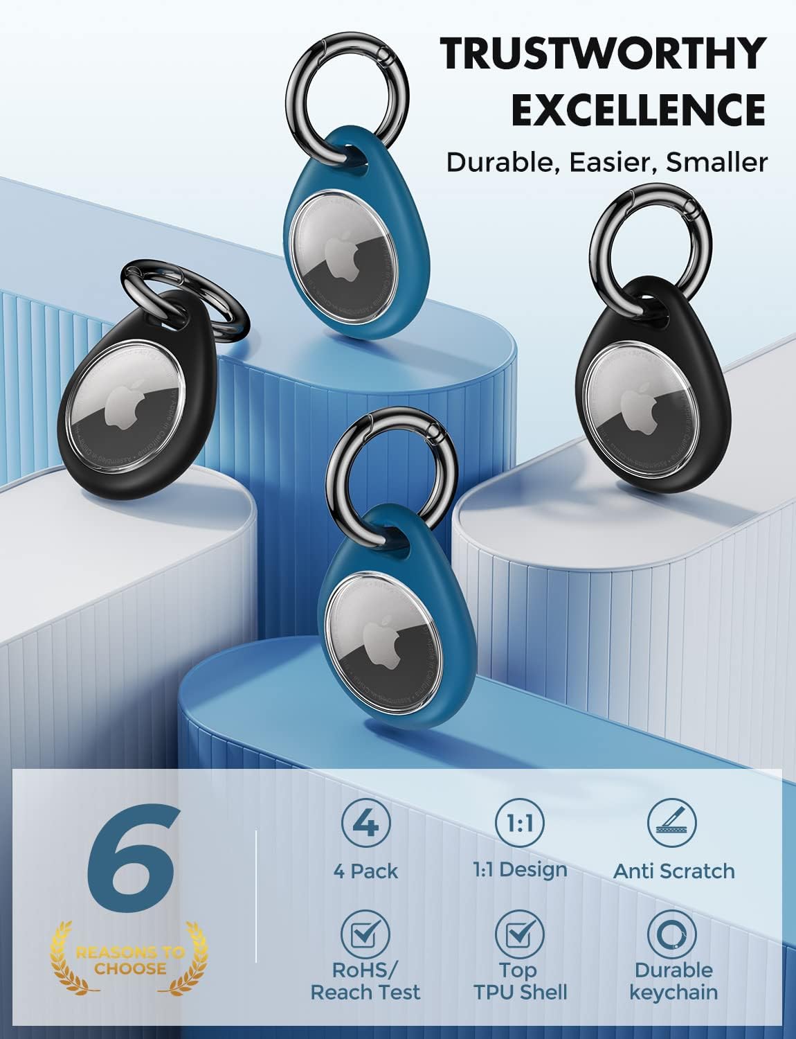 UNBREAKcable AirTag Holder for Apple - 4 Pack Air Tag Case [Fit Tightly Design] [Easy to Install] [Hold Securely] Waterproof TPU Protective Cover with Metal Keychain for Kids,Pet,Luggage,Backpack,Keys