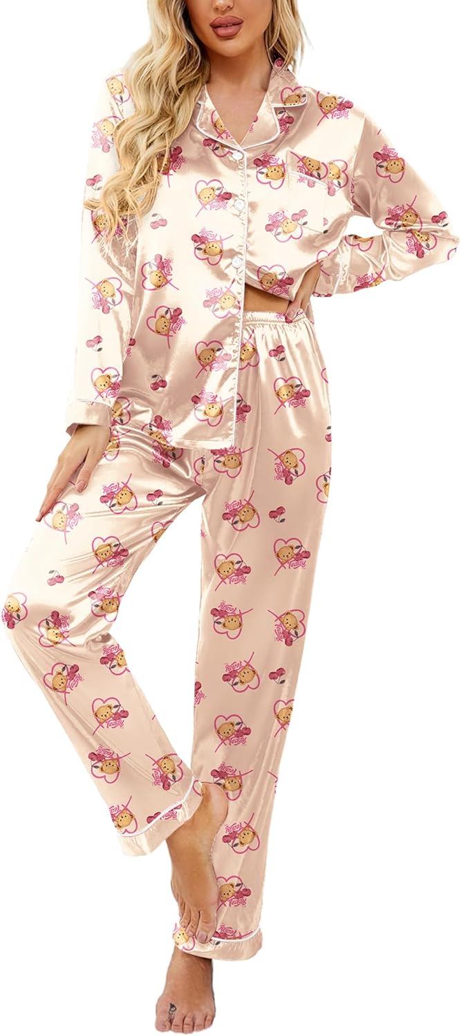 Ekouaer Womens Satin Pajama Set Classic Pattern Silky Pj Sets Button Down Sleepwear Loungewear