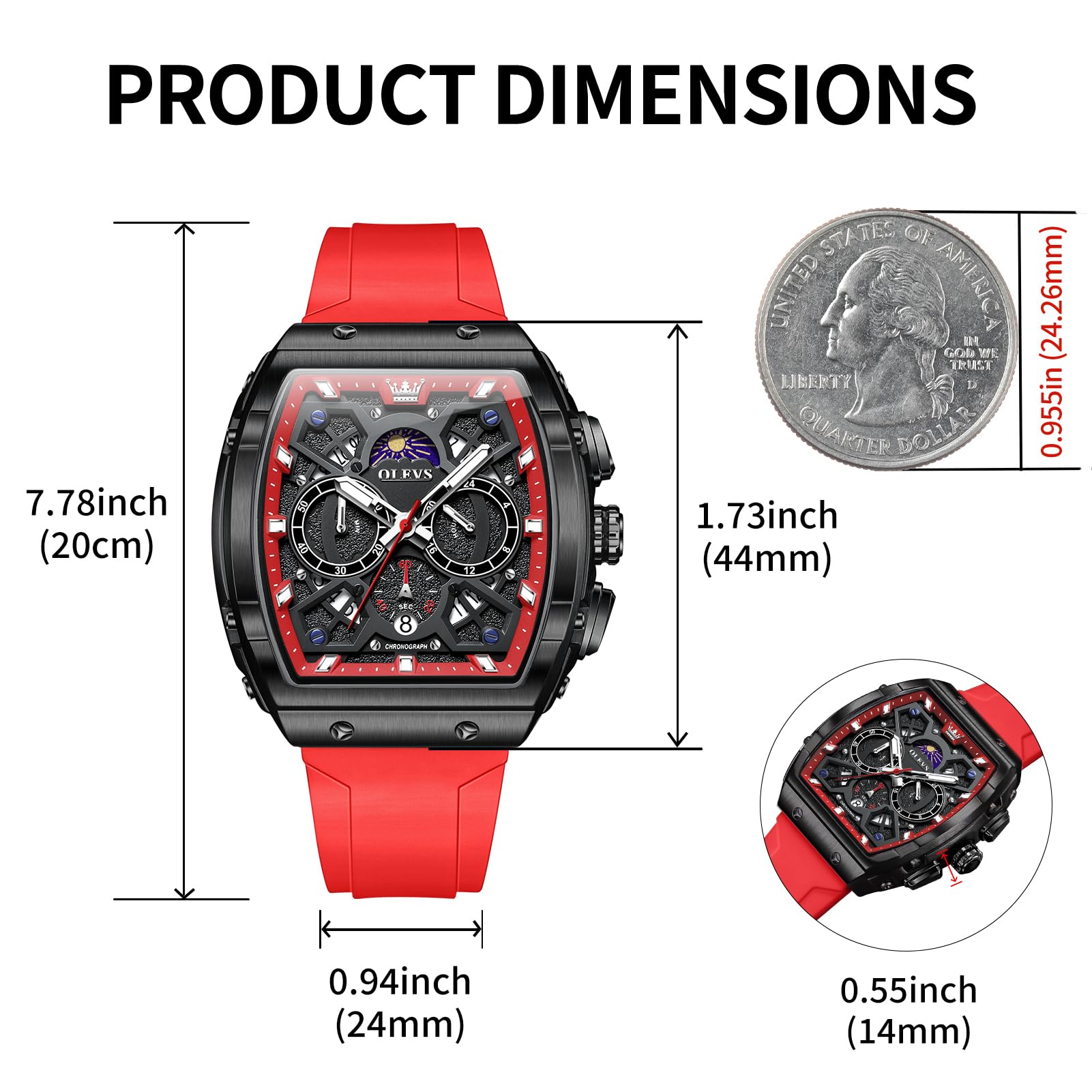 OLEVS Watches Men Chronograph Waterproof Rectangle Face Moon Phase Watches for Men Luminous Quartz Calendar Mens Wrist Watch - Silicon Strap