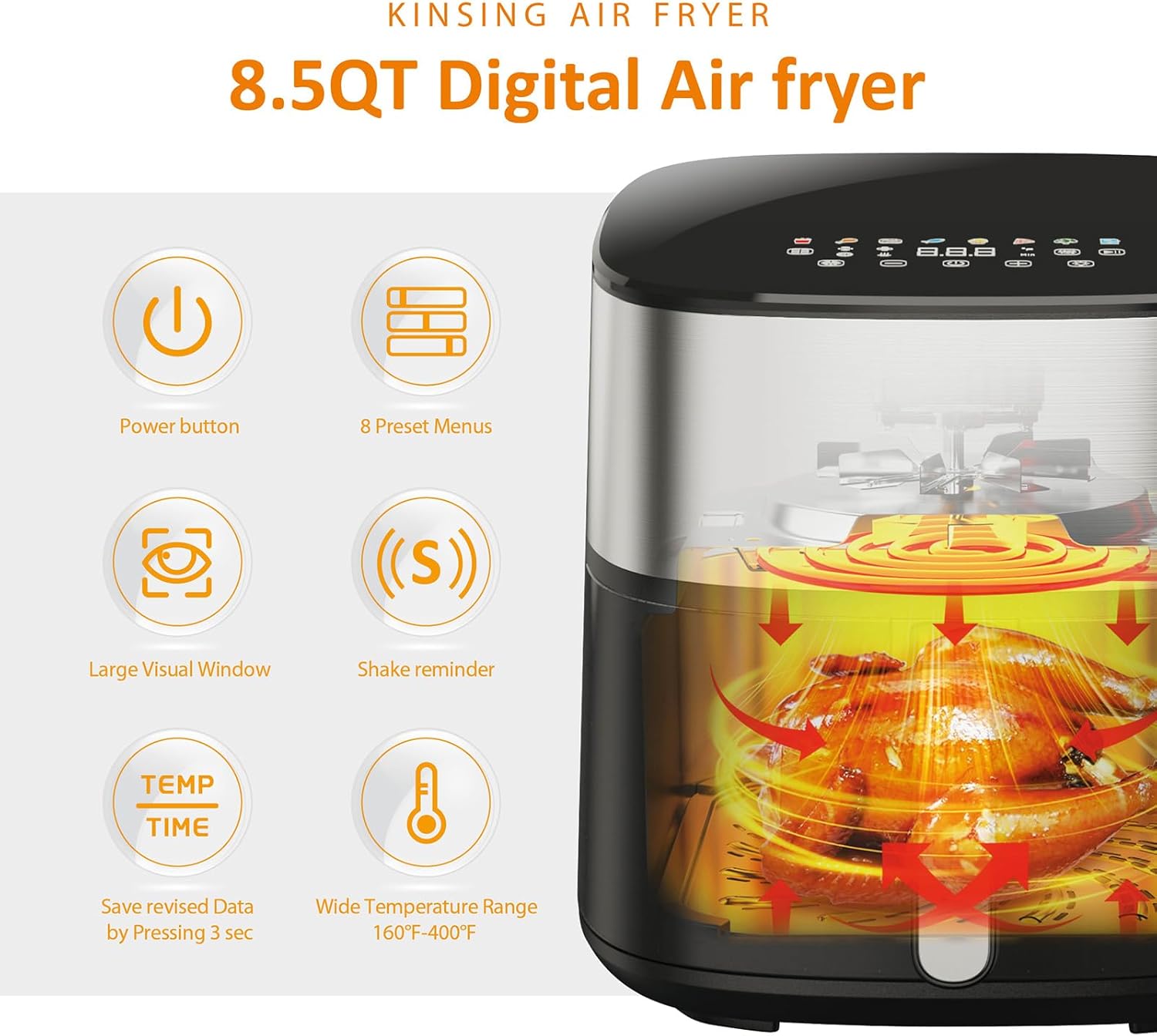 Air Fryer 8 in 1, XL 8.5 QT Large Airfryer with View Windows,MAX 400℉ for Crispy, 85% Less Oil, Fast Roast, Preheat, Shake, Bake, Non-Stick Basket for Easy Clean, With Professional Recipes