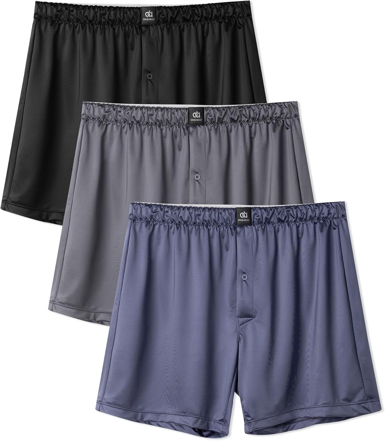 DAVID ARCHY Stretch Satin Boxers for Men, Silk Feeling Boxer Shorts, Breathable Loose Men's Underwear for Sleep 3 Pack