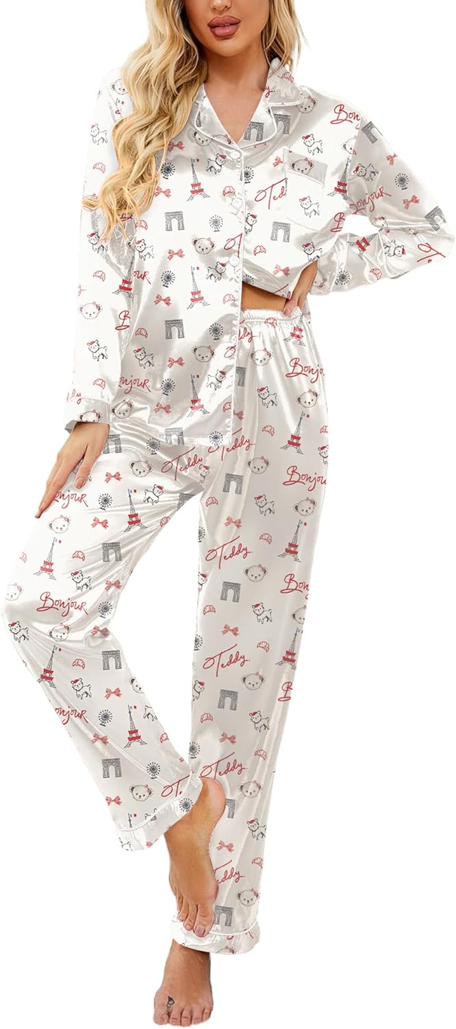 Ekouaer Womens Satin Pajama Set Classic Pattern Silky Pj Sets Button Down Sleepwear Loungewear