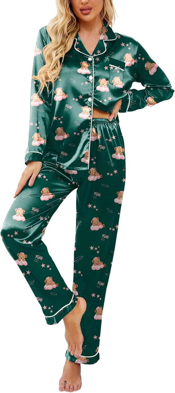 Ekouaer Womens Satin Pajama Set Classic Pattern Silky Pj Sets Button Down Sleepwear Loungewear