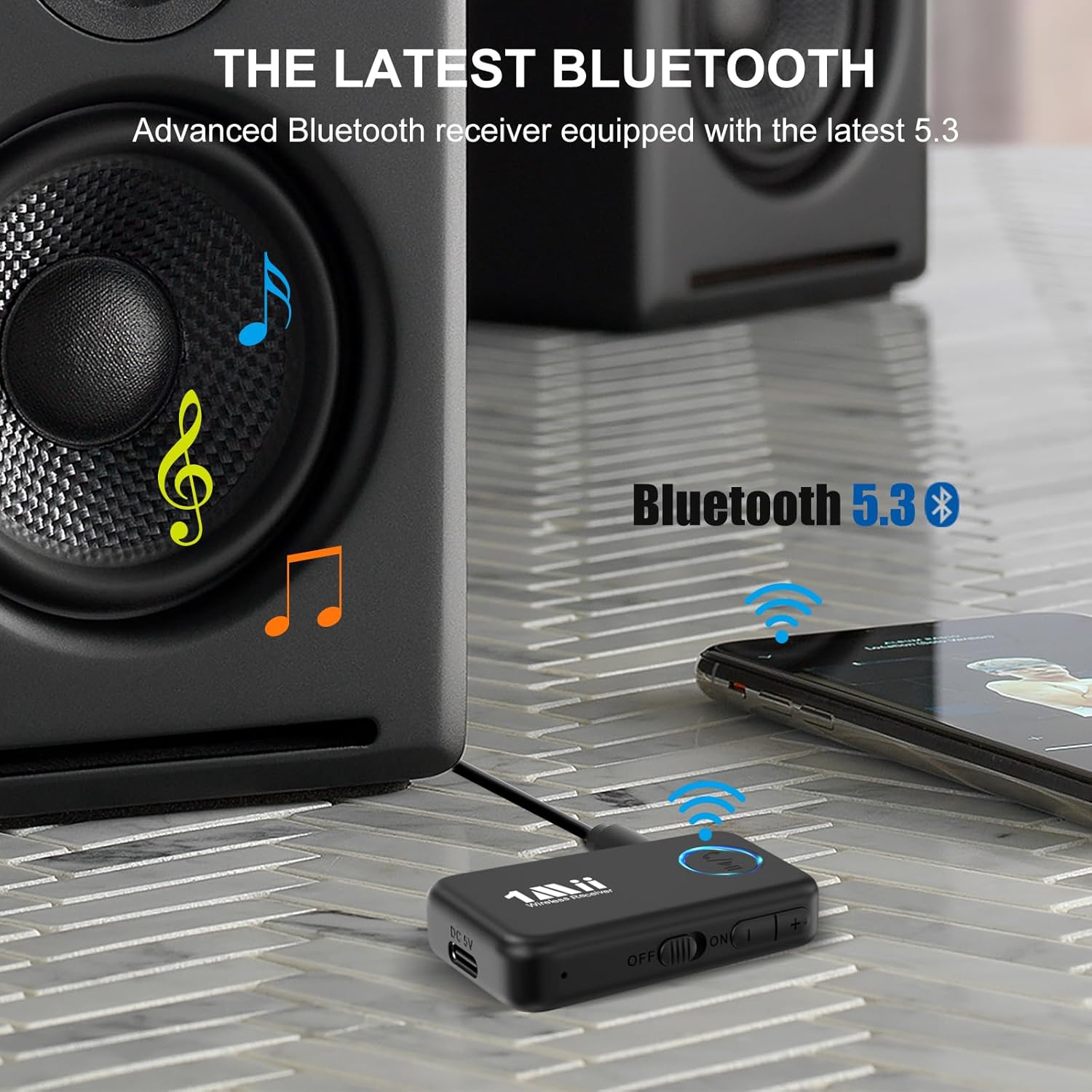 1Mii Bluetooth 5.3 Music Receiver for Car/Home Stereo, Aux Bluetooth Adapter for Car with Volume Control Supports Hands Free Calls, 16H Battery Life