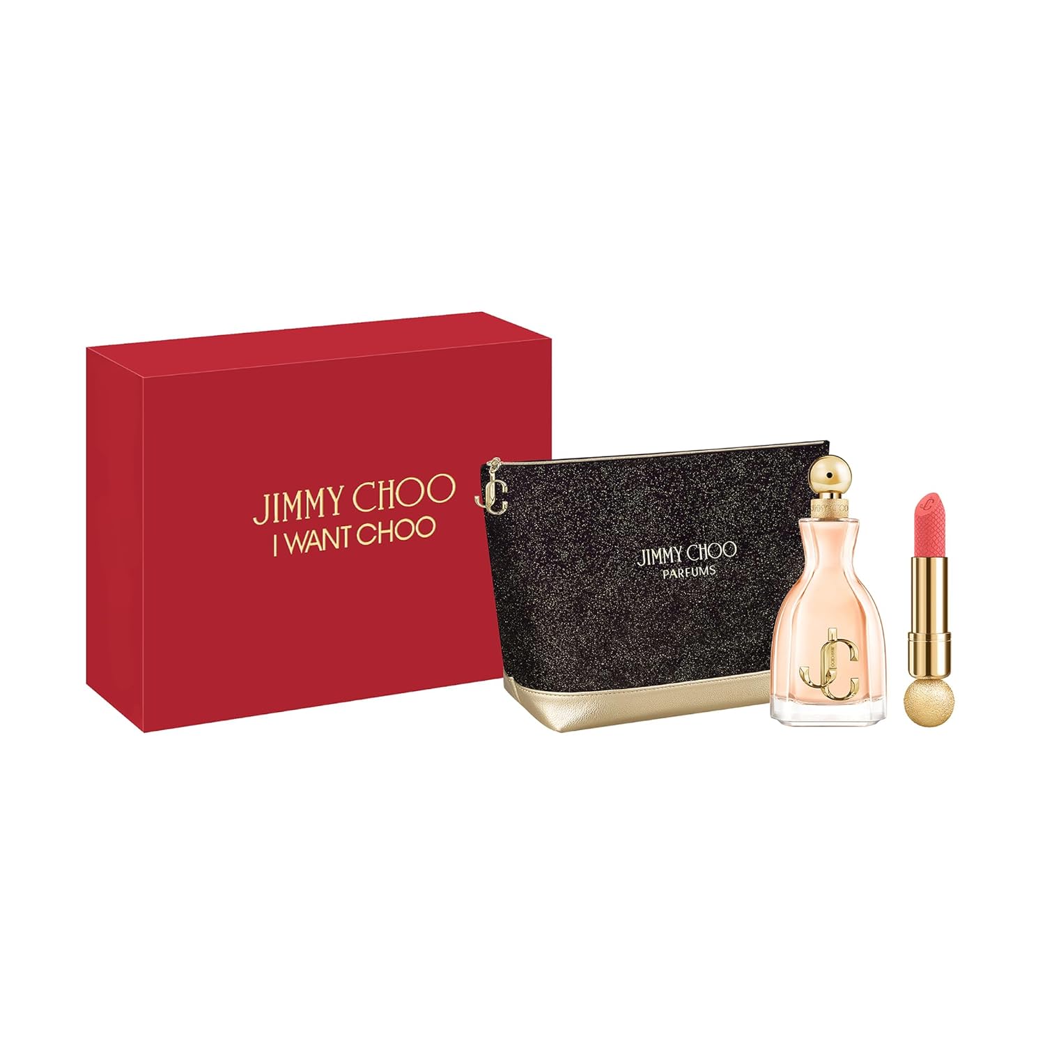 Jimmy Choo I Want Choo 3 Piece Eau de Parfum Gift Set (Eau de Parfum Spray, Jimmy Choo Seduction Coral Sunset Lipstick, Pouch)