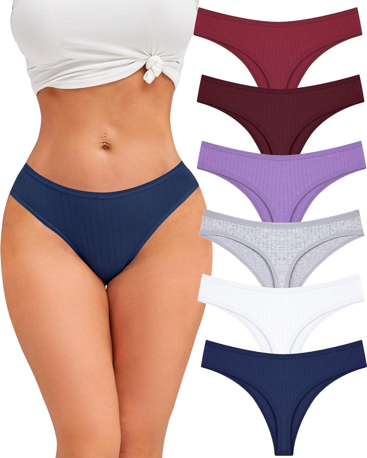 FINETOO Cotton Thongs for Women Soft Low Rise Sexy Thong Ladies Panties Womens Underwear 6 Pack S-XXXL